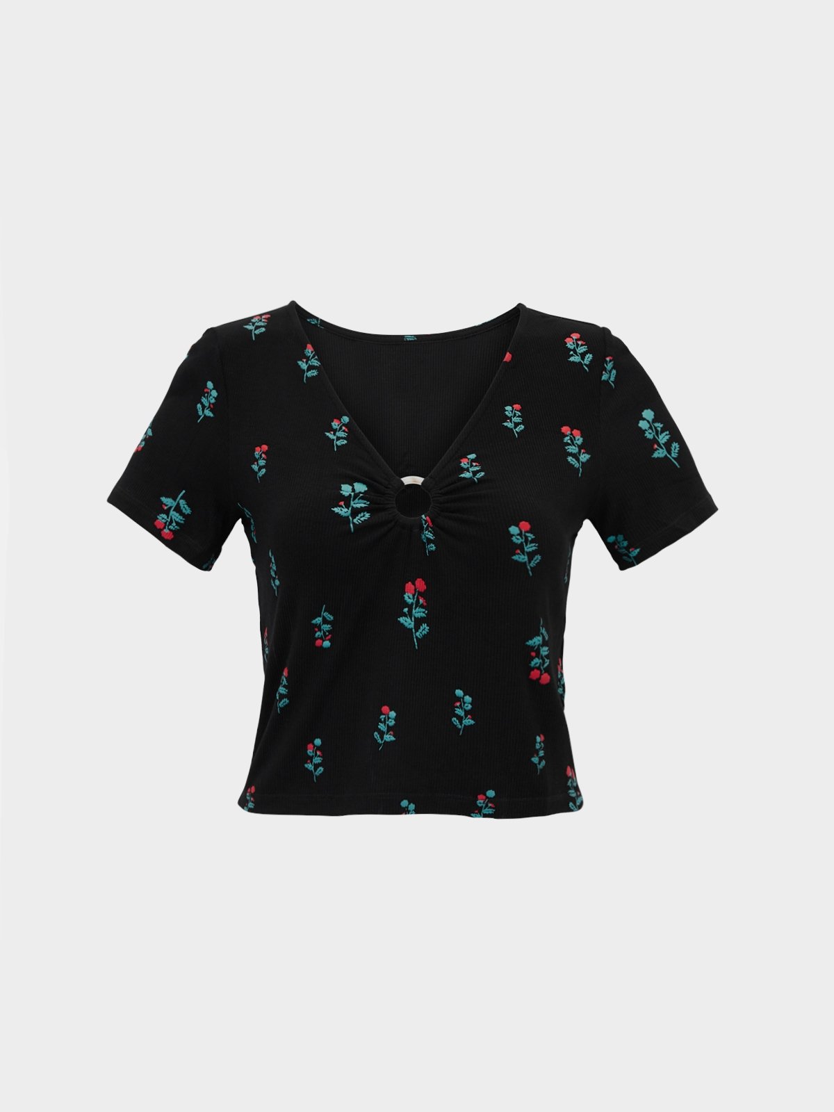 Ringed Neckline Floral Knit Top - Black - Pomelo Fashion