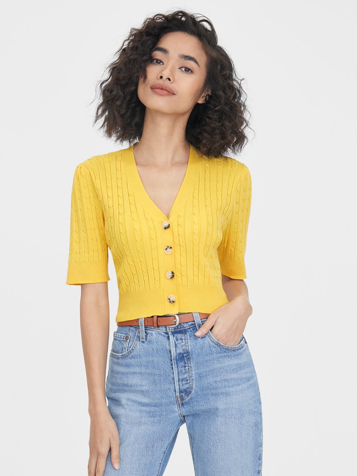 Knitted Button Up Crop Top Yellow Pomelo Fashion