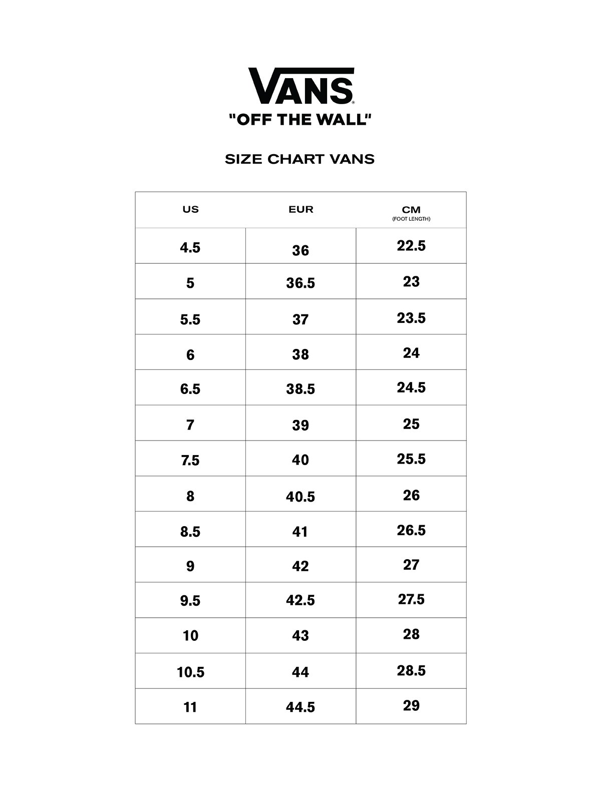 Van old skool size outlet chart