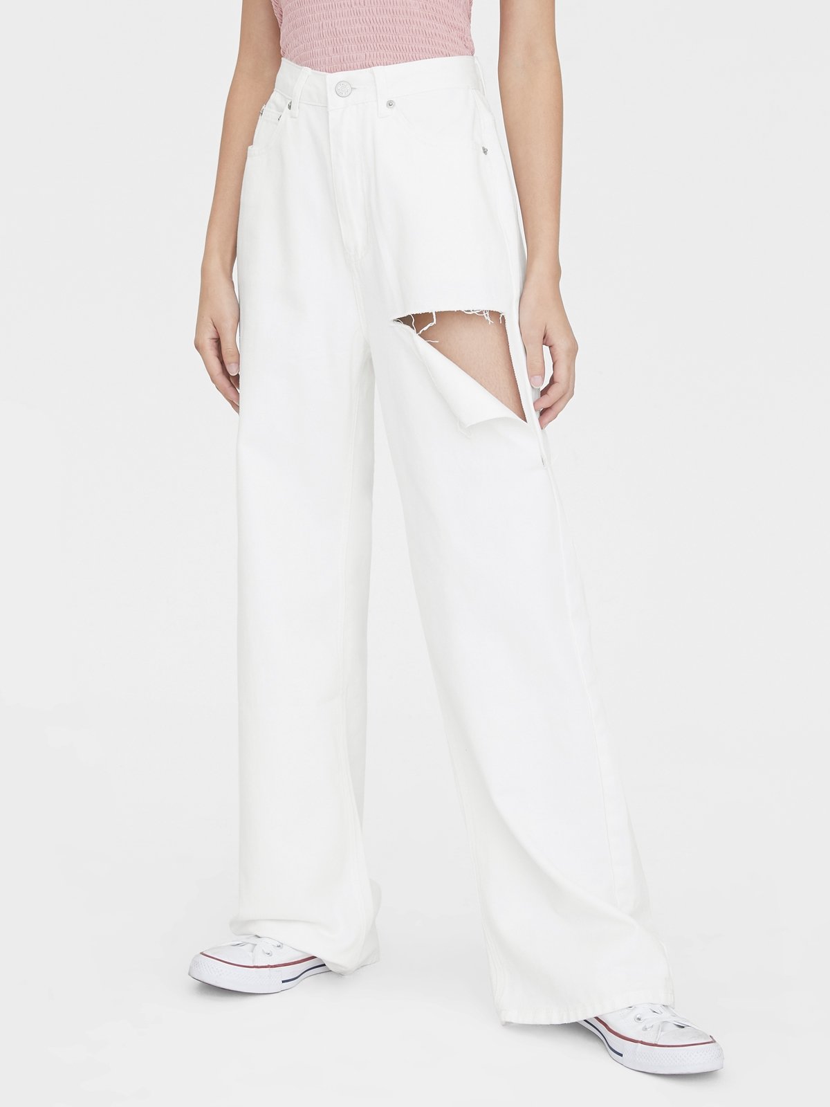 Wide Leg Ripped Jeans - White - Pomelo 