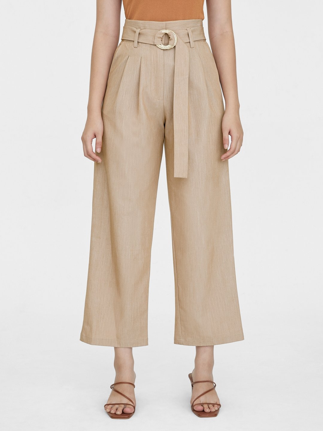 High Waist Woven Belted Pants - Brown - Pomelo Fashion