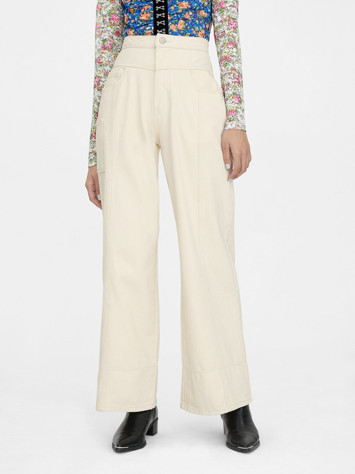 High Waisted Pocket Detail Jeans - Cream - Pomelo Fashion