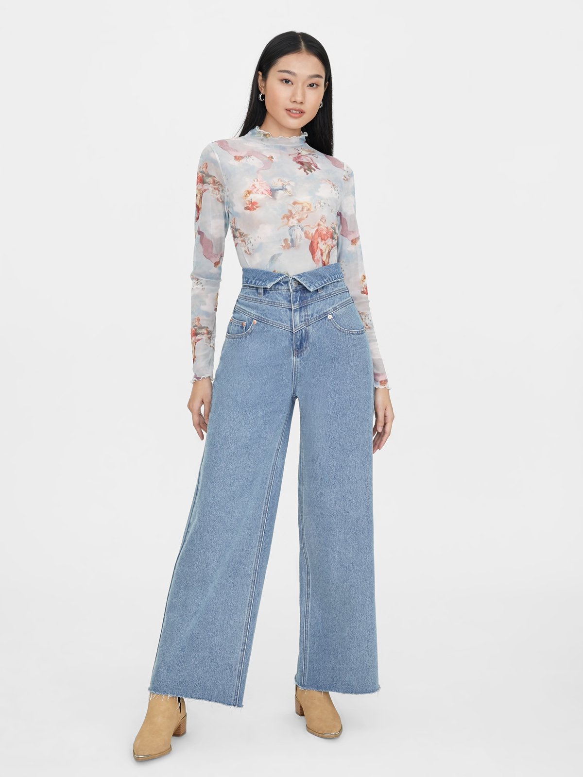 Foldover Waist Wide Leg Jeans - Blue 