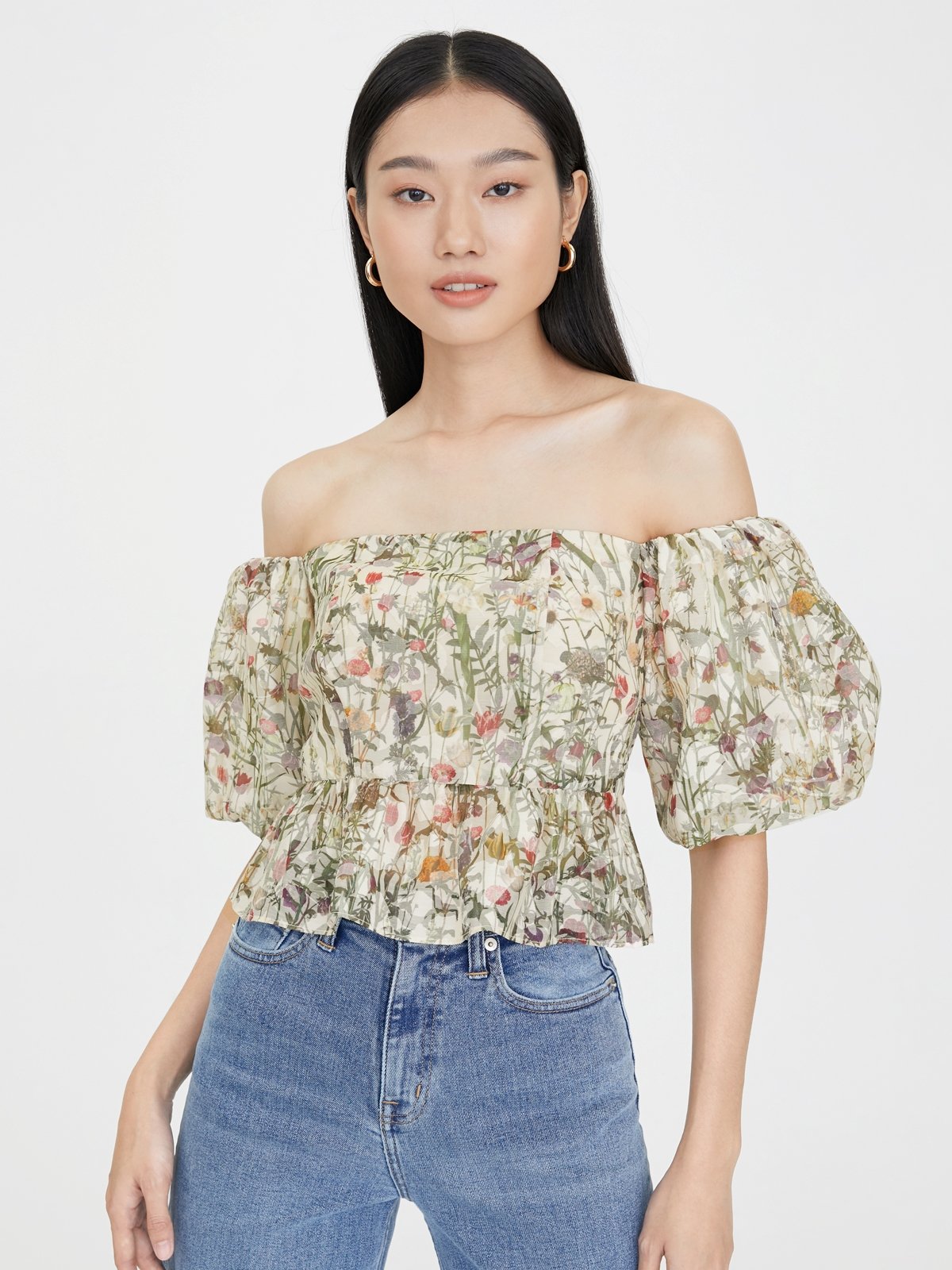 Floral Puff Sleeves Off Shoulder Peplum Top Cream Pomelo Fashion