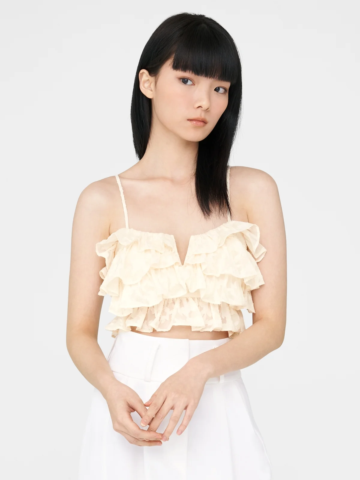 All Over Ruffle Crop Top - Cream - Pomelo Fashion