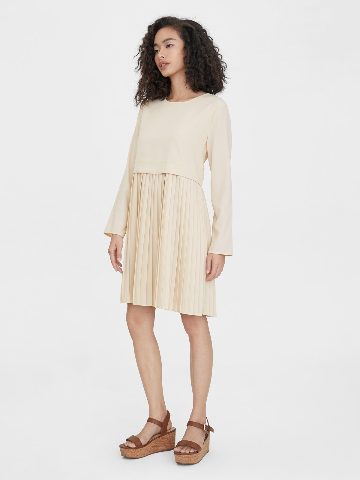 Long Sleeve Loose Pleated Dress Cream Pomelo Fashion