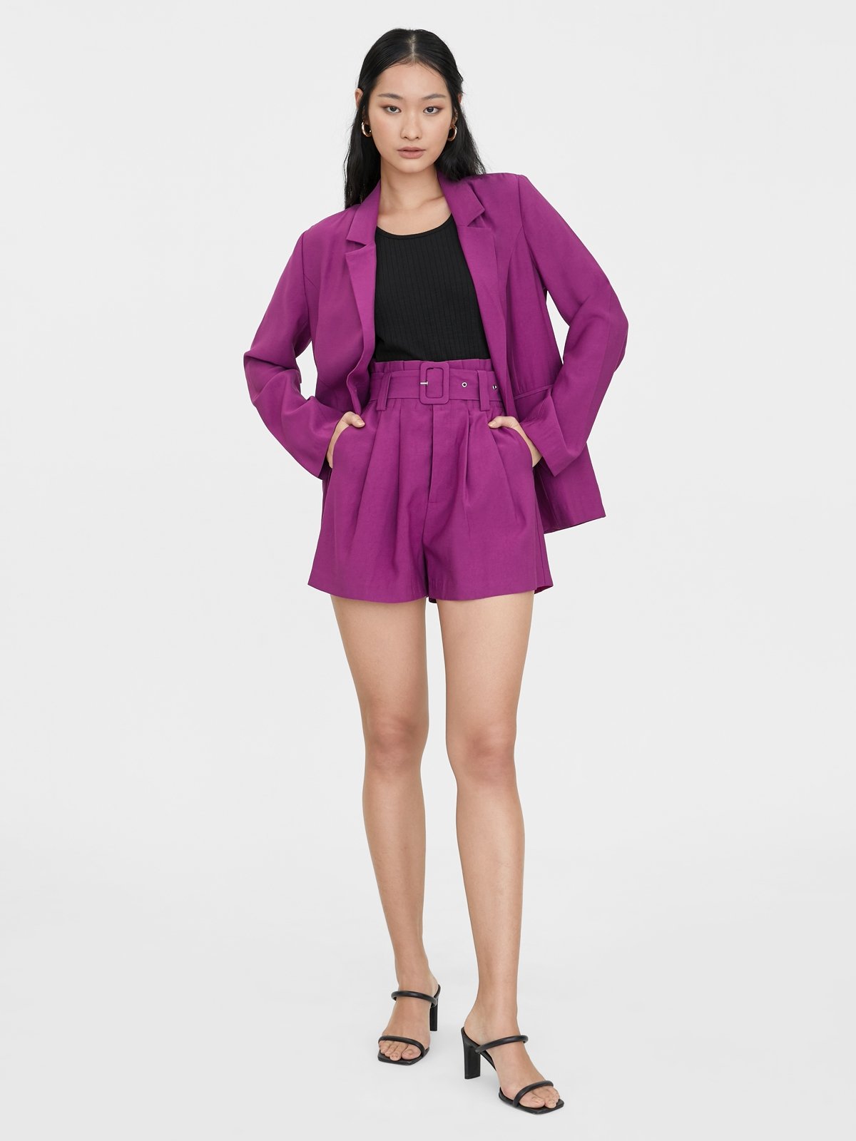 Belted Paper Bag Shorts Purple Pomelo Fashion