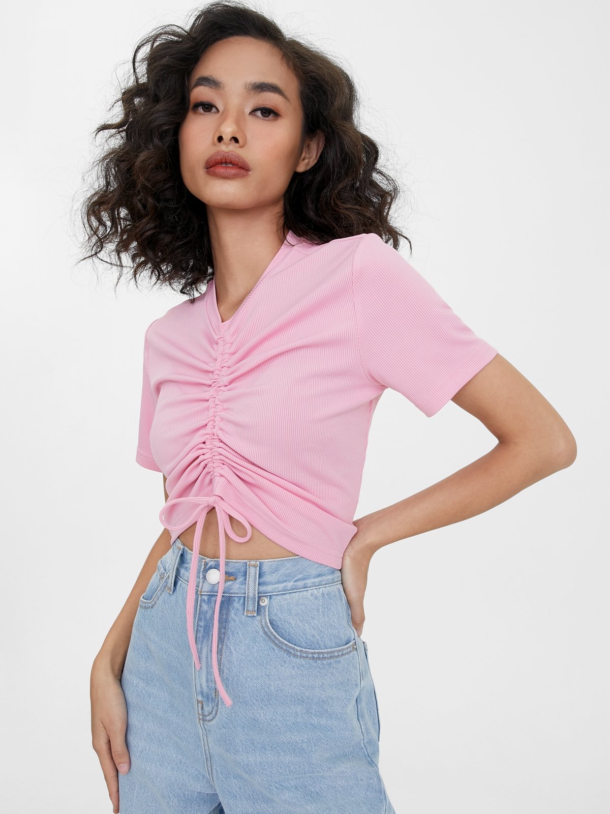 Pink ruched crop top 2025