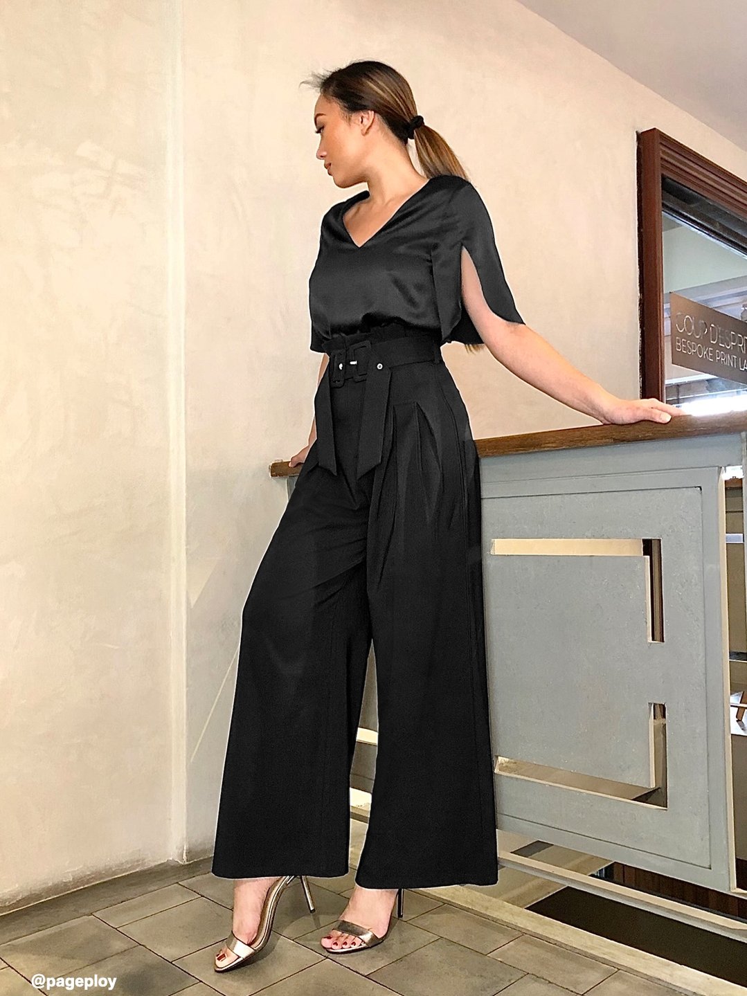 Two Buckle Belted Wide Leg Pants - Black - Pomelo Fashion