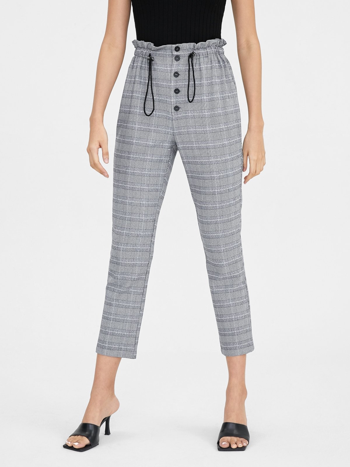 High Waisted Elastic Plaid Trousers Black Pomelo Fashion