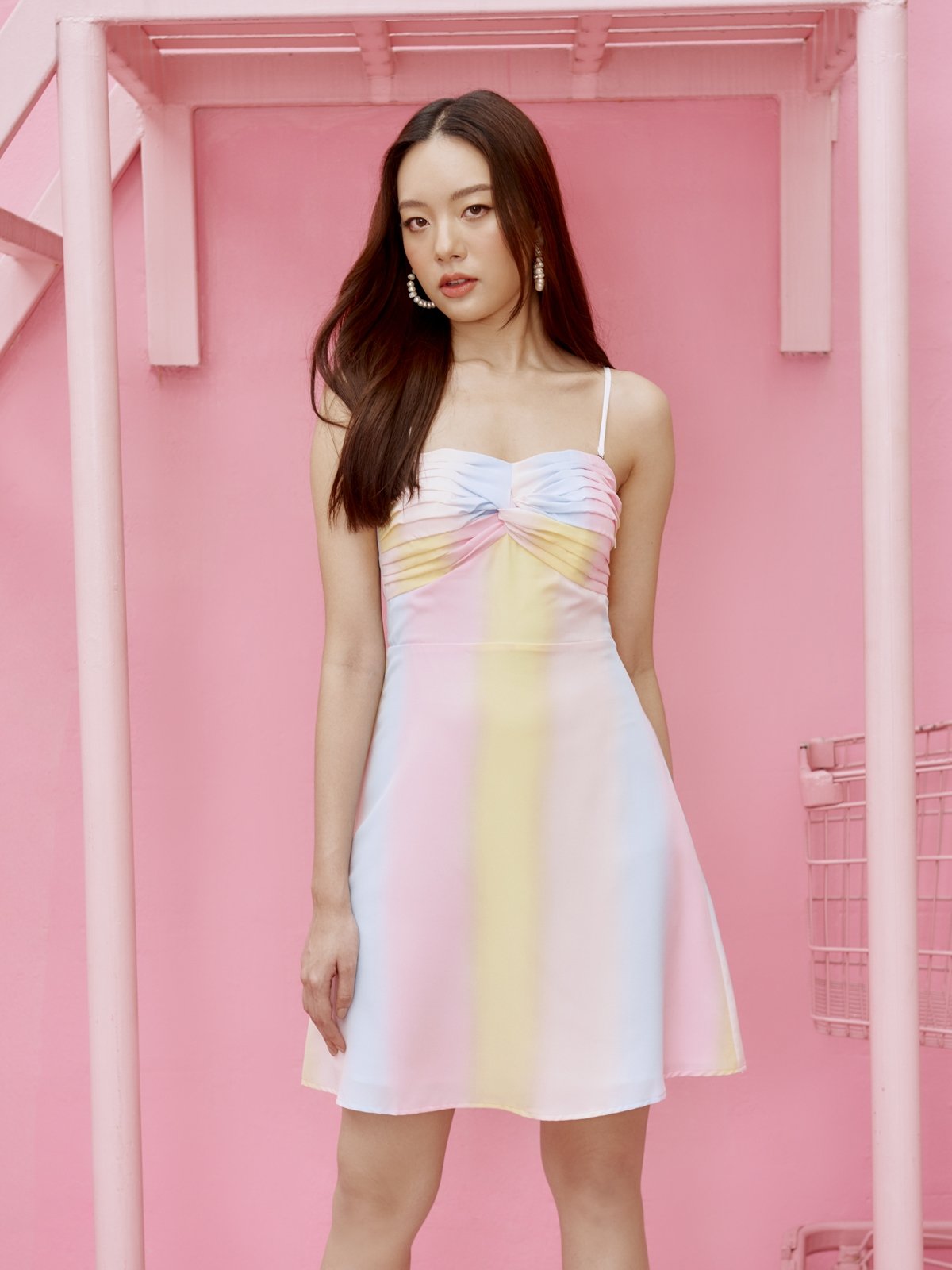 pomelo pink color dress Pastel Rainbow Off Shoulder Dress - Pink