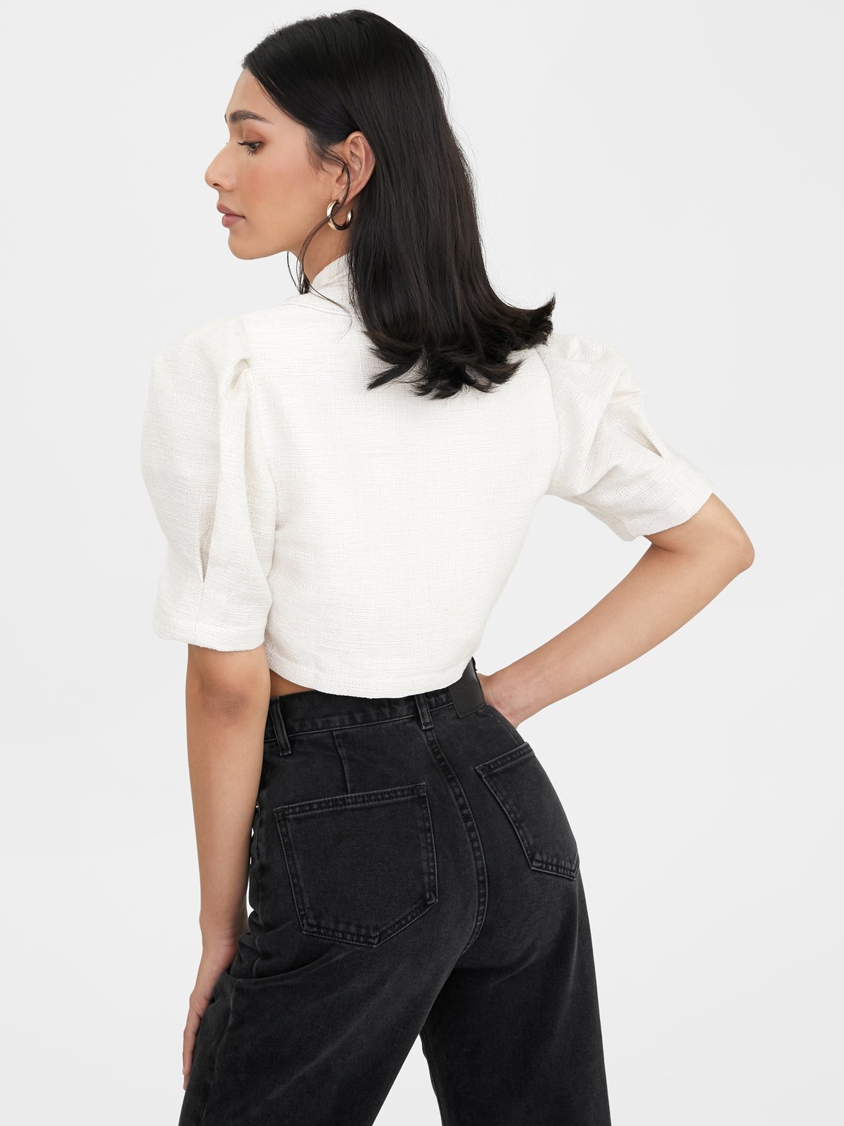 Puff Sleeve Tweed Crop Jacket White Pomelo Fashion