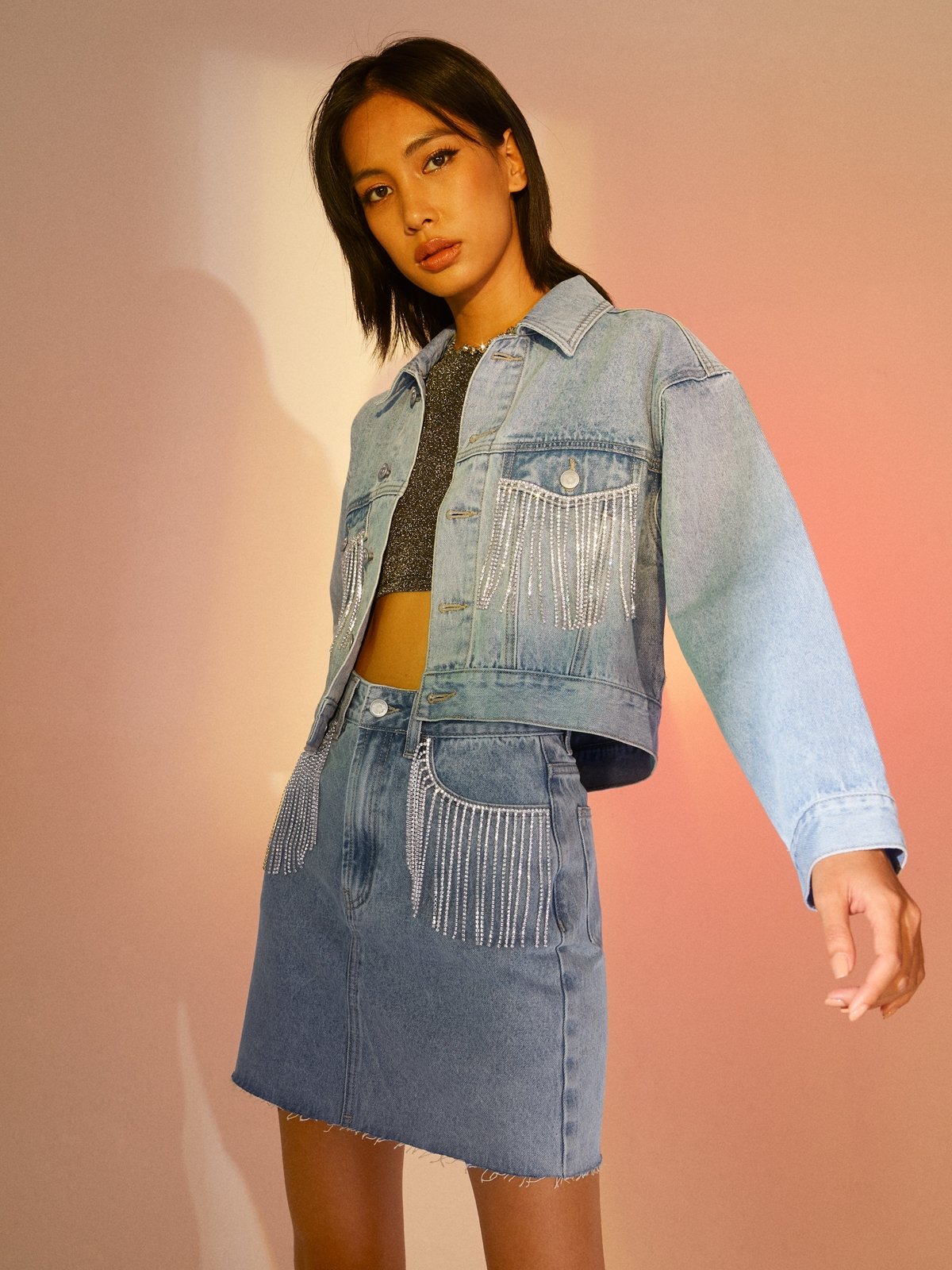 Oversized Diamante Fringe Denim Jacket Blue Pomelo Fashion