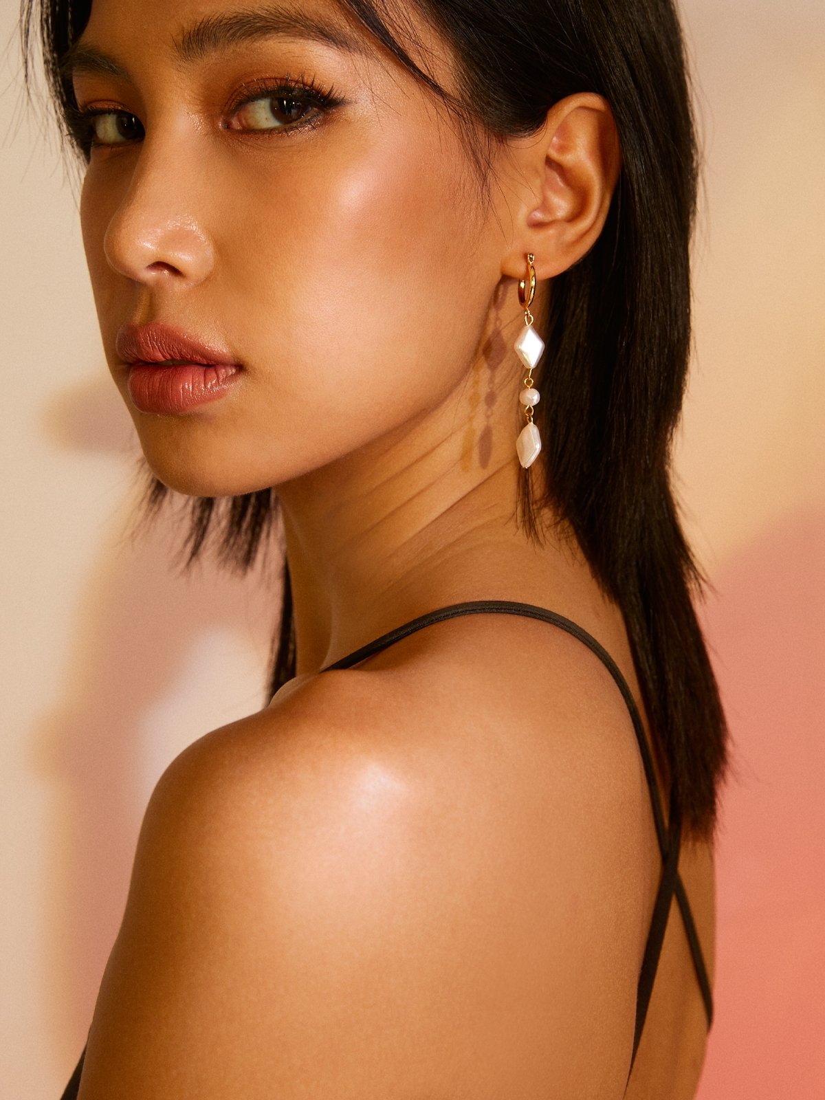 Geometric Pearl Tier Drop Earrings Gold