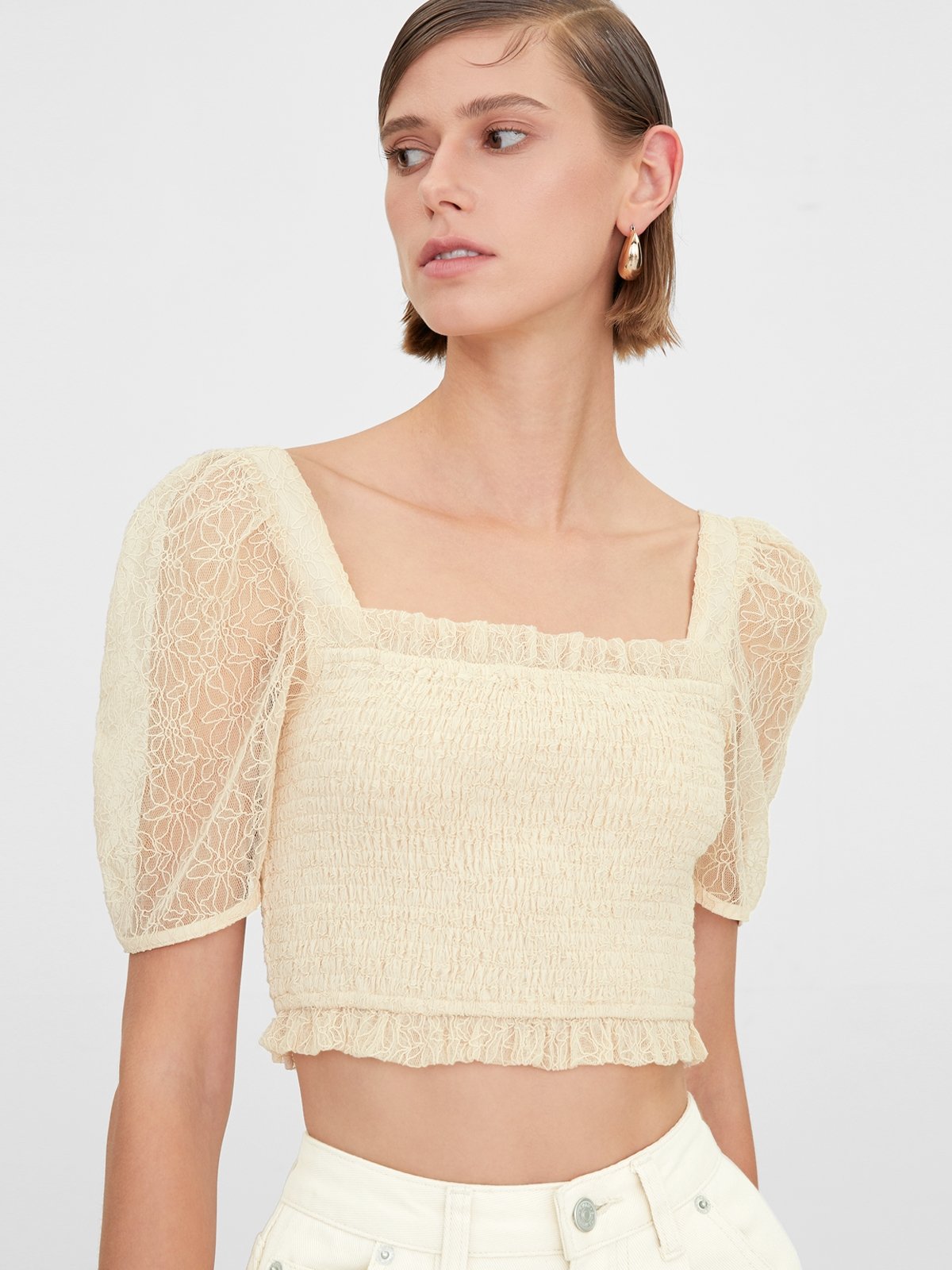 Sheer puff sleeve top sale