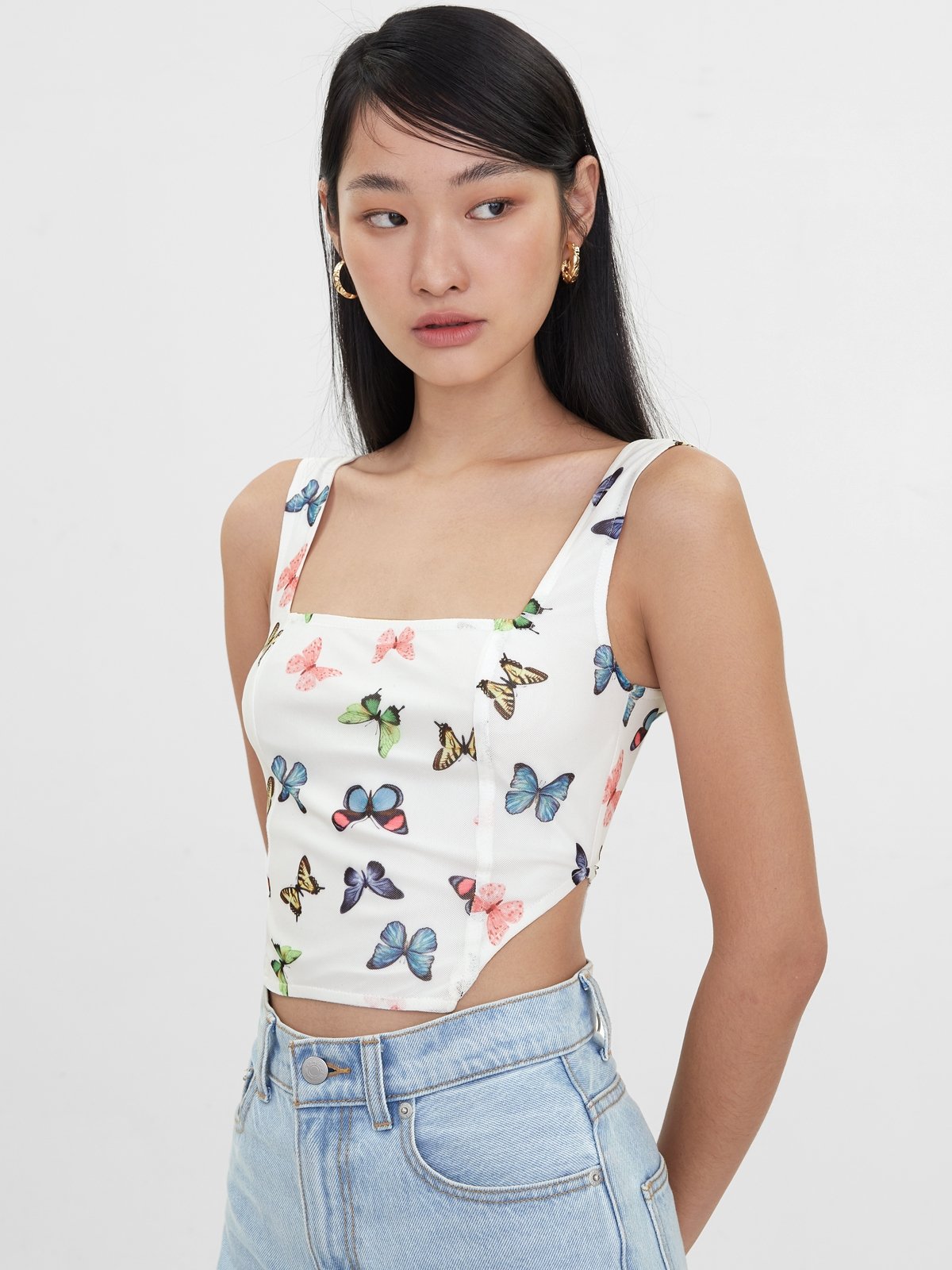Butterfly Print Corset Style Crop Top - White - Pomelo Fashion