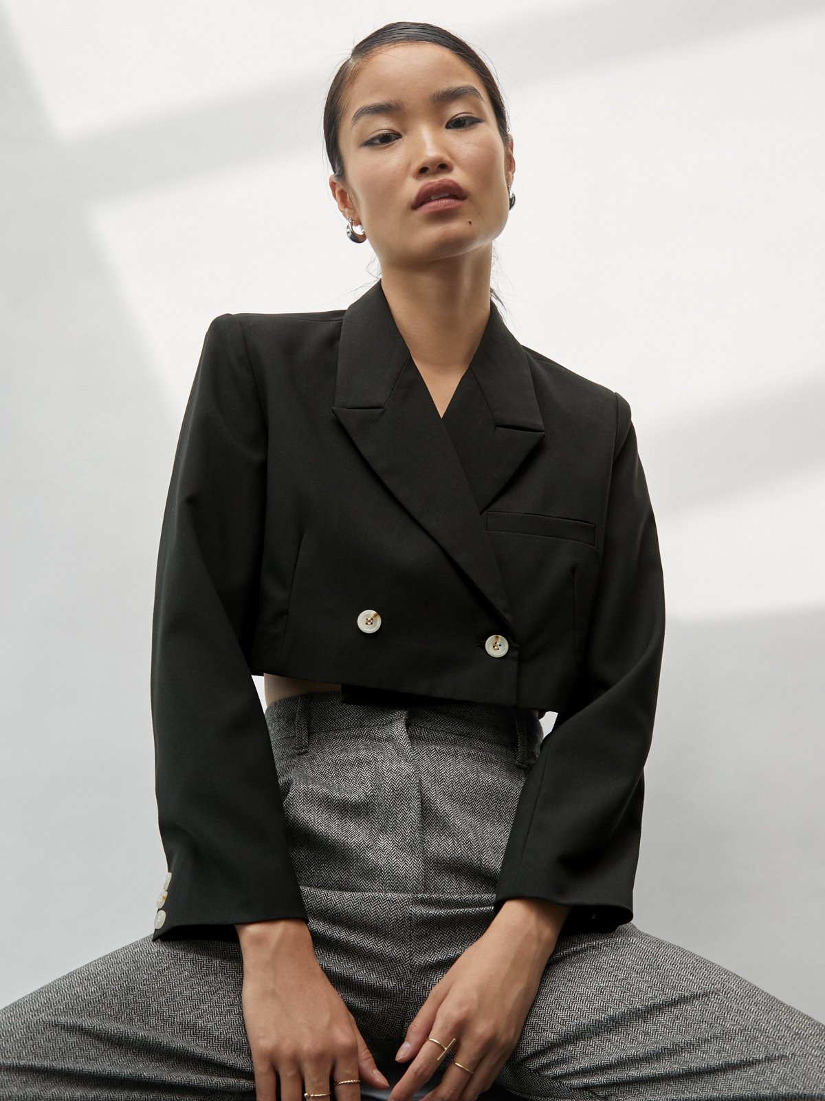 Double Breasted Crop Blazer Black Pomelo Fashion