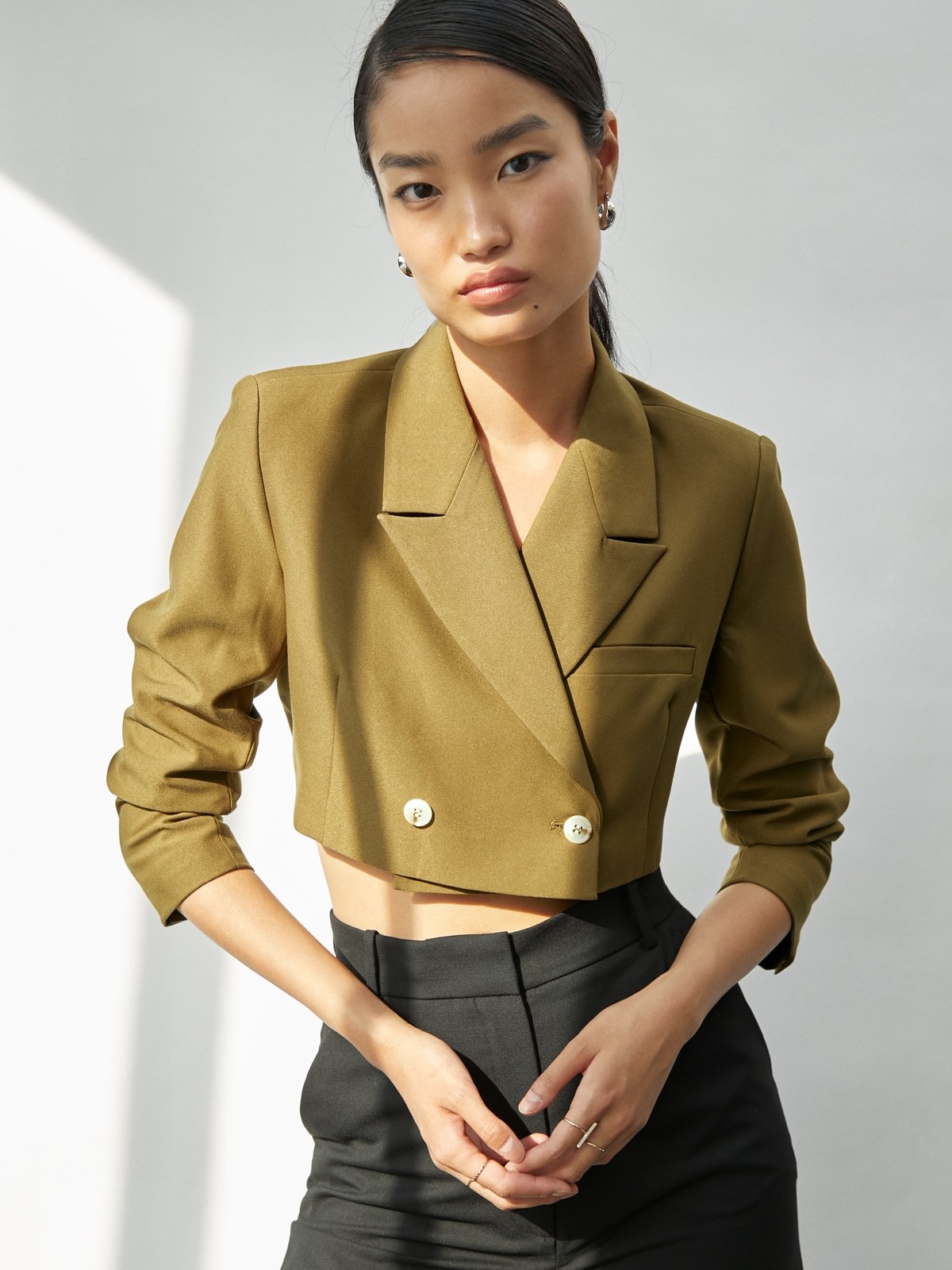 Double Breasted Crop Blazer Brown Pomelo Fashion