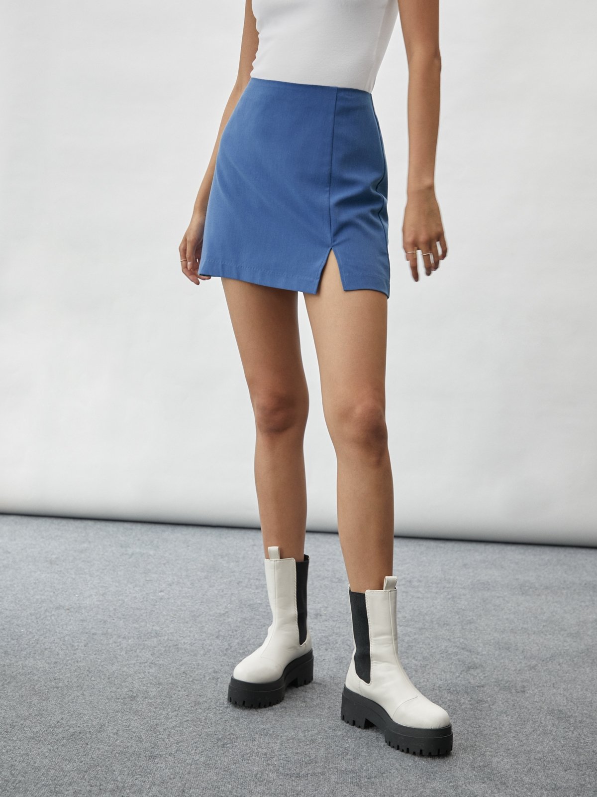 Mini Slit Hem High Waisted Skirt - Blue 