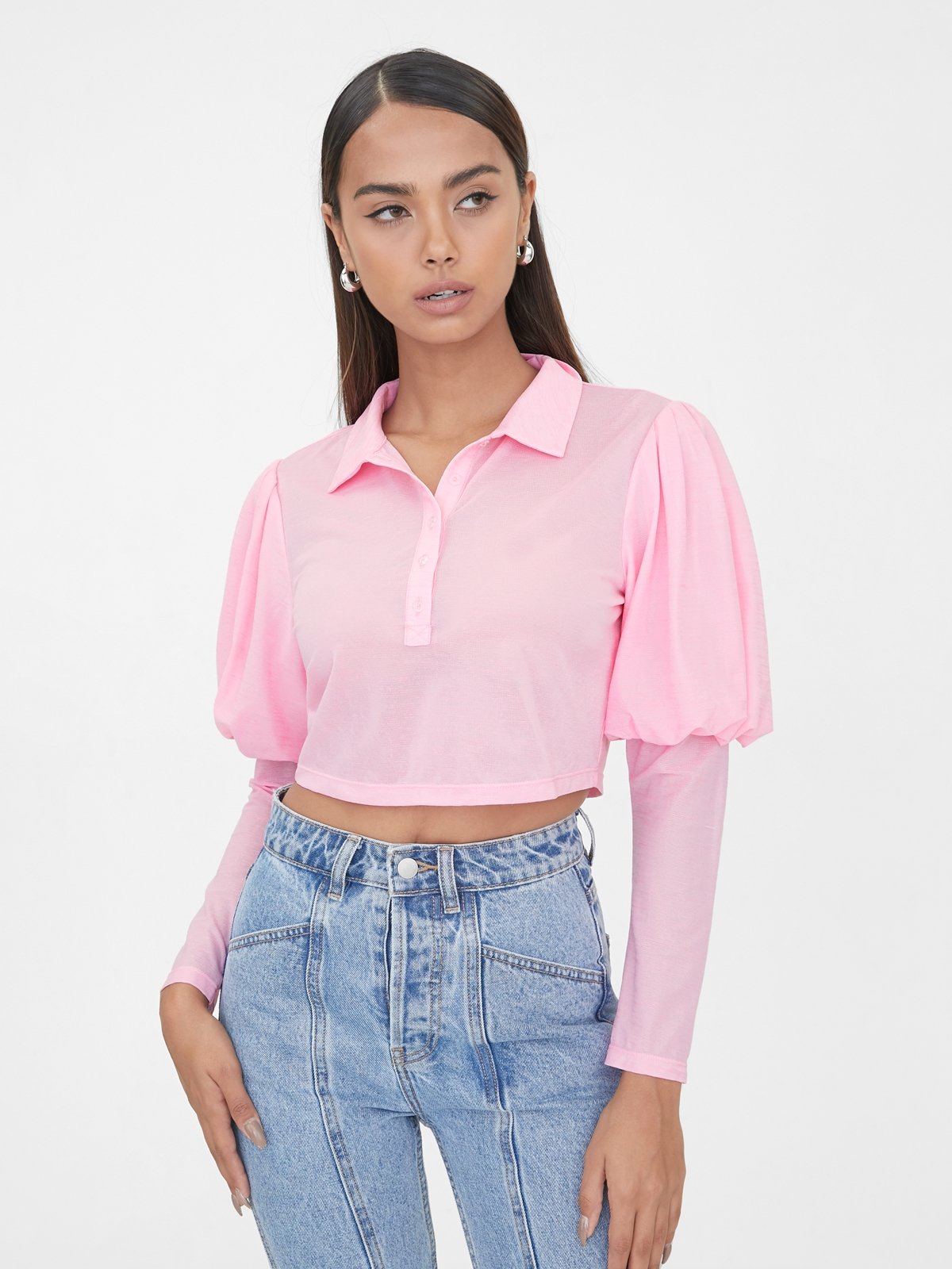 Puffed Sleeves Polo Crop Top - Pink