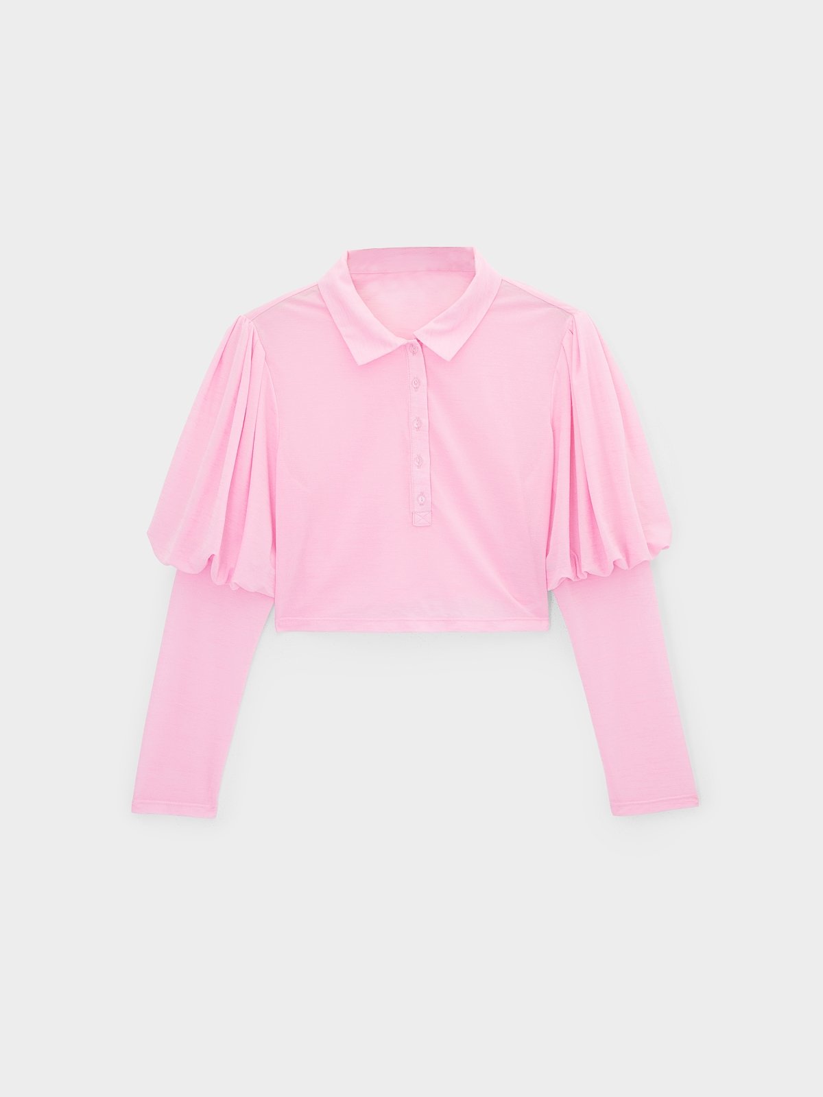 Puffed Sleeves Polo Crop Top Pink Pomelo Fashion