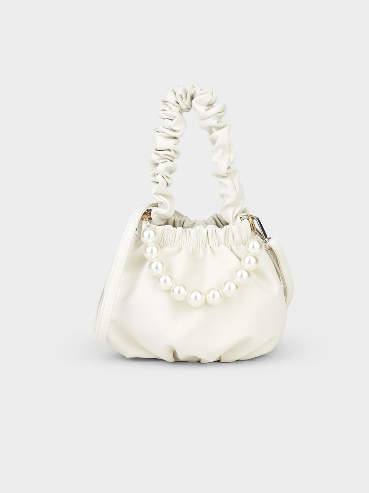 Pearl Strap Ruched Bucket Bag White