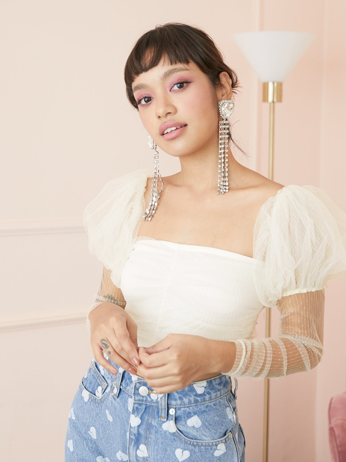 Sheer Mesh Puffed Sleeves Top Cream Pomelo Fashion