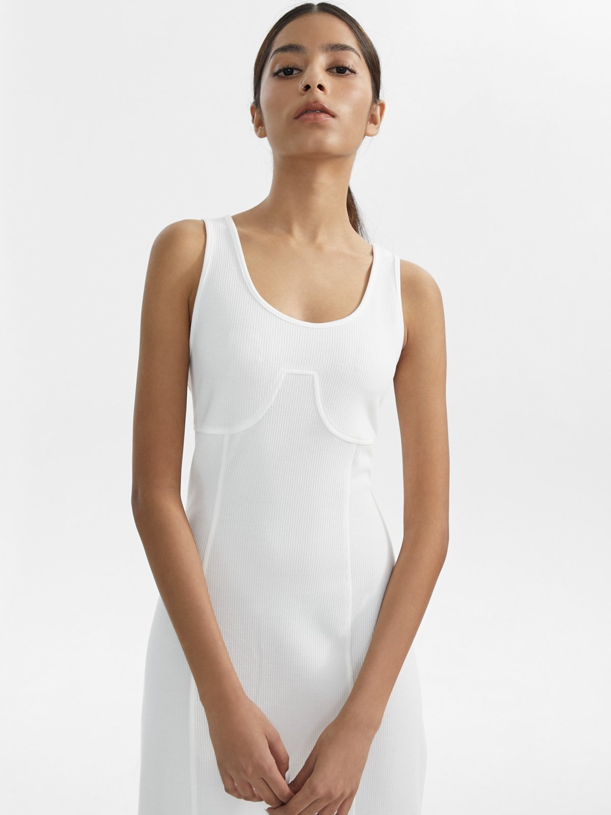 Ribbed Texture Sleeveless Dress - White 
