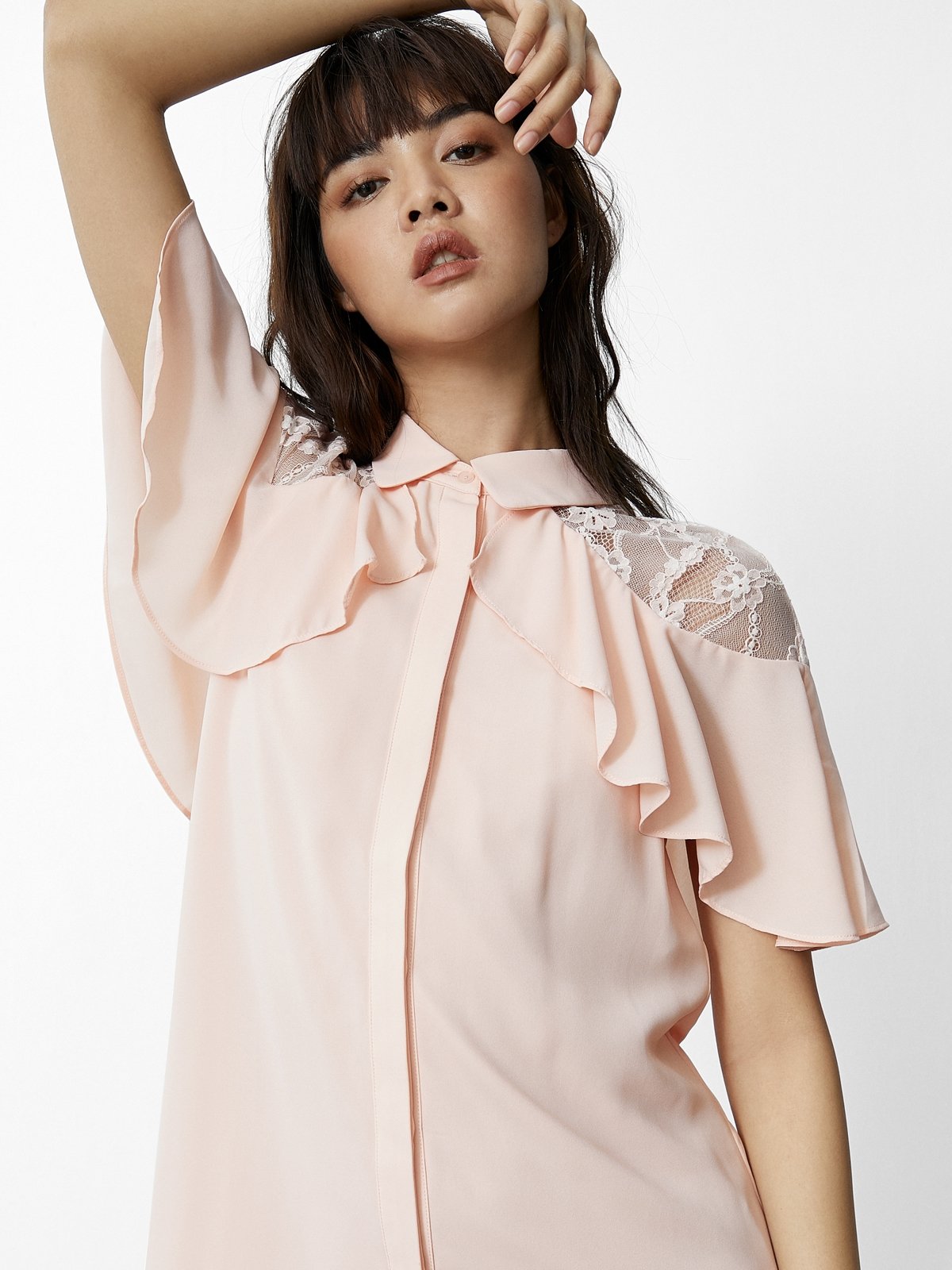 Floral Lace Cape Shoulder Shirt Dress - Pink - Pomelo Fashion