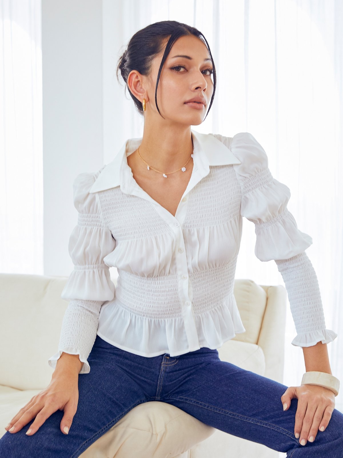 Smock Sleeve Button Up Shirt - White - Pomelo Fashion