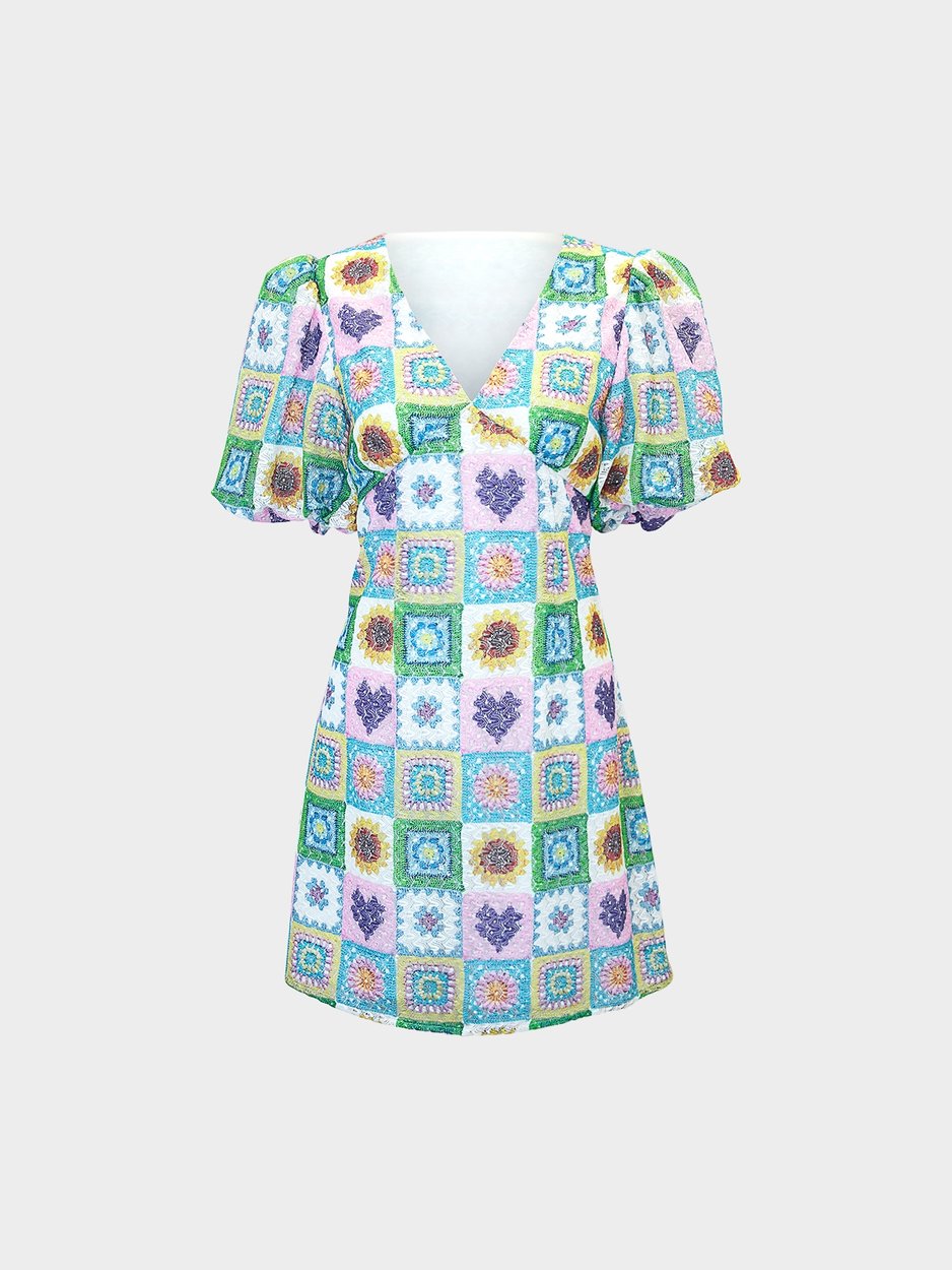 Crochet Puff Sleeve Mini Dress - Multi Color - Pomelo Fashion Crochet Puff Sleeve Mini Dress - Multi Color - Pomelo Fashion