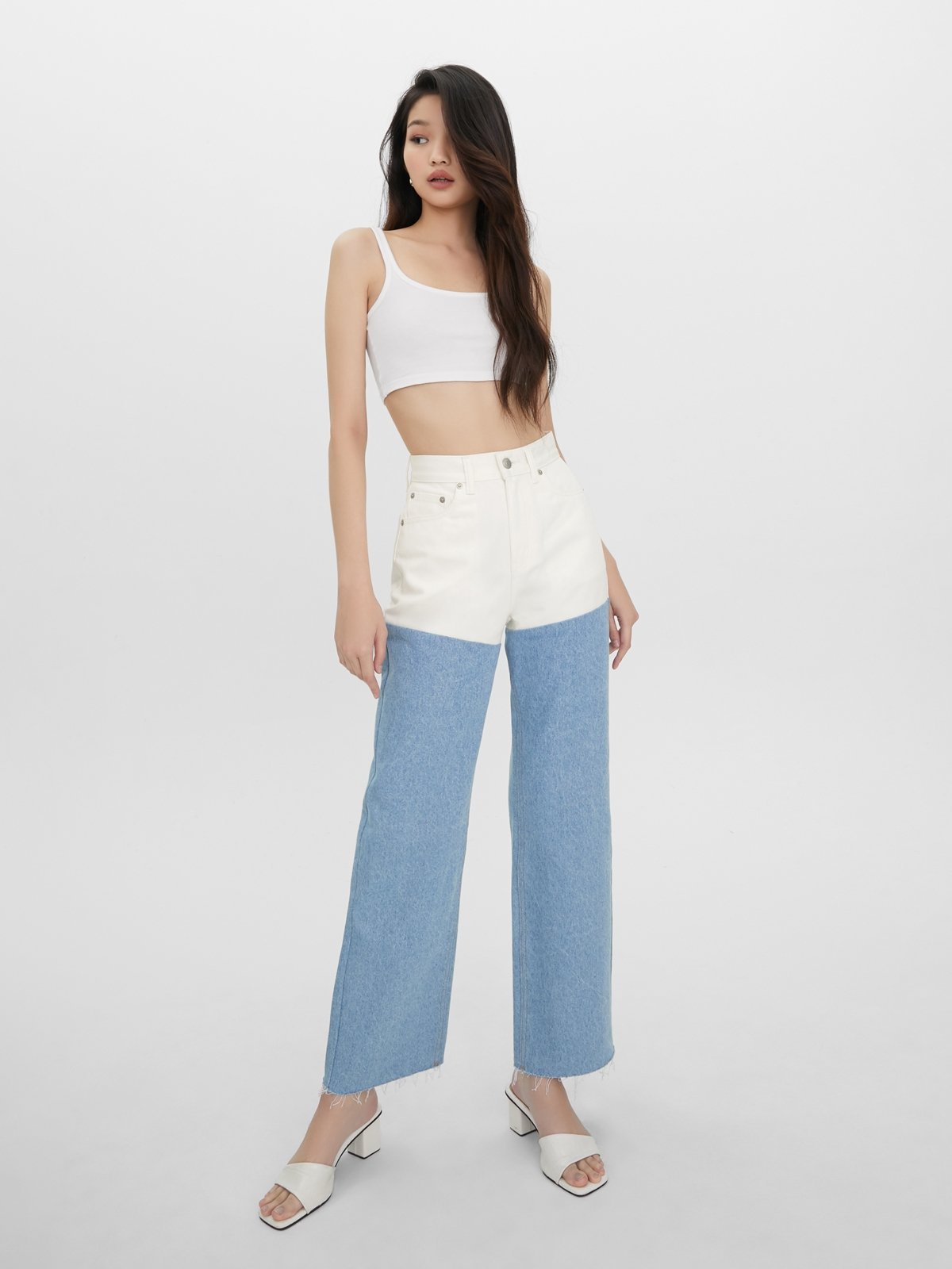 Sustainable Two Tone Frayed Hem Jeans Blue Pomelo Fashion