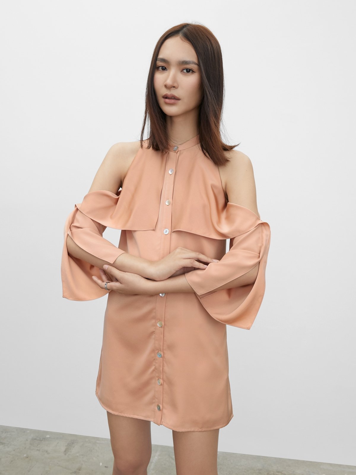 Cold shoulder dress tops discount