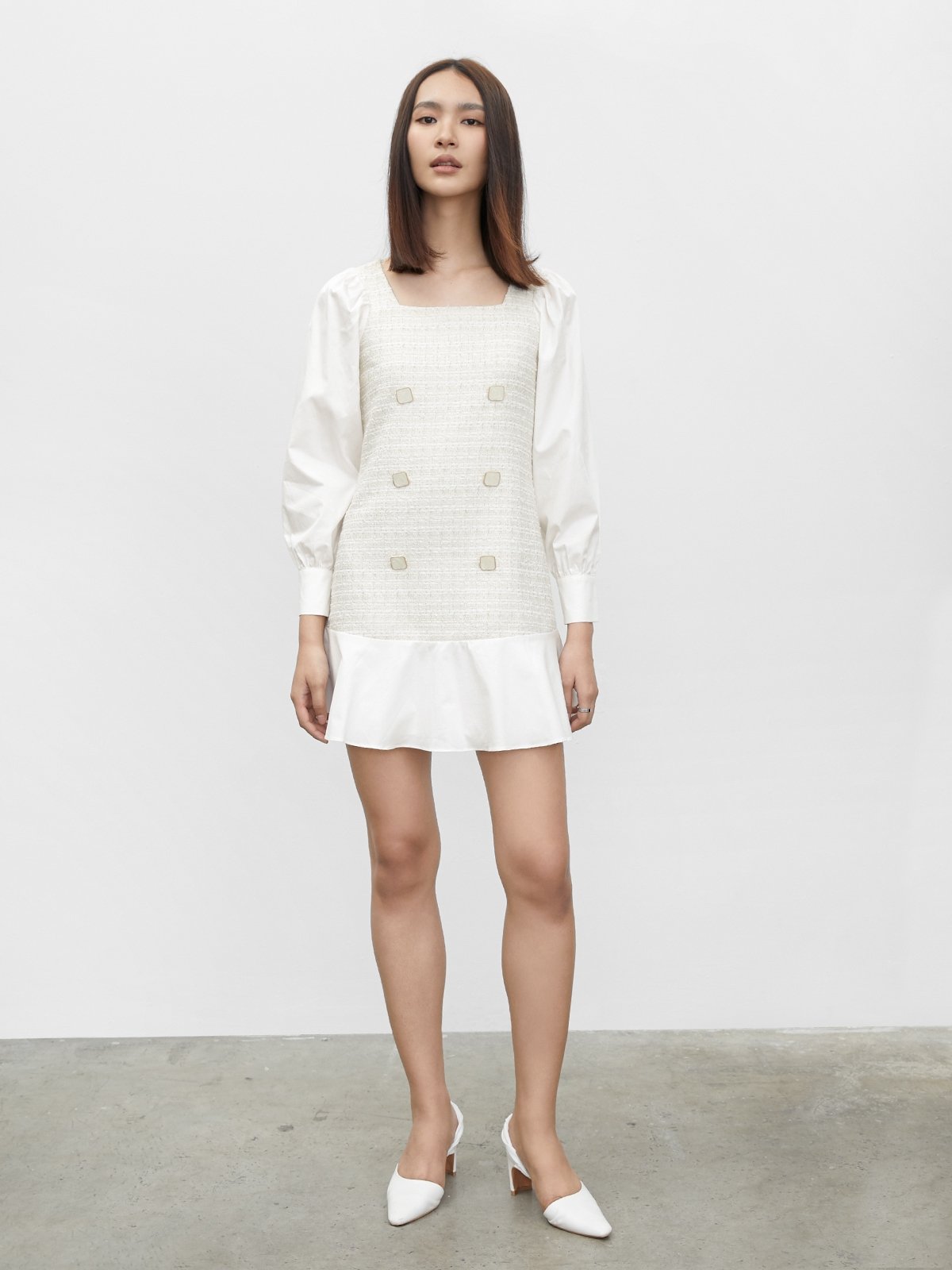 Satin Tweed Buttoned Dress Cream Pomelo Fashion