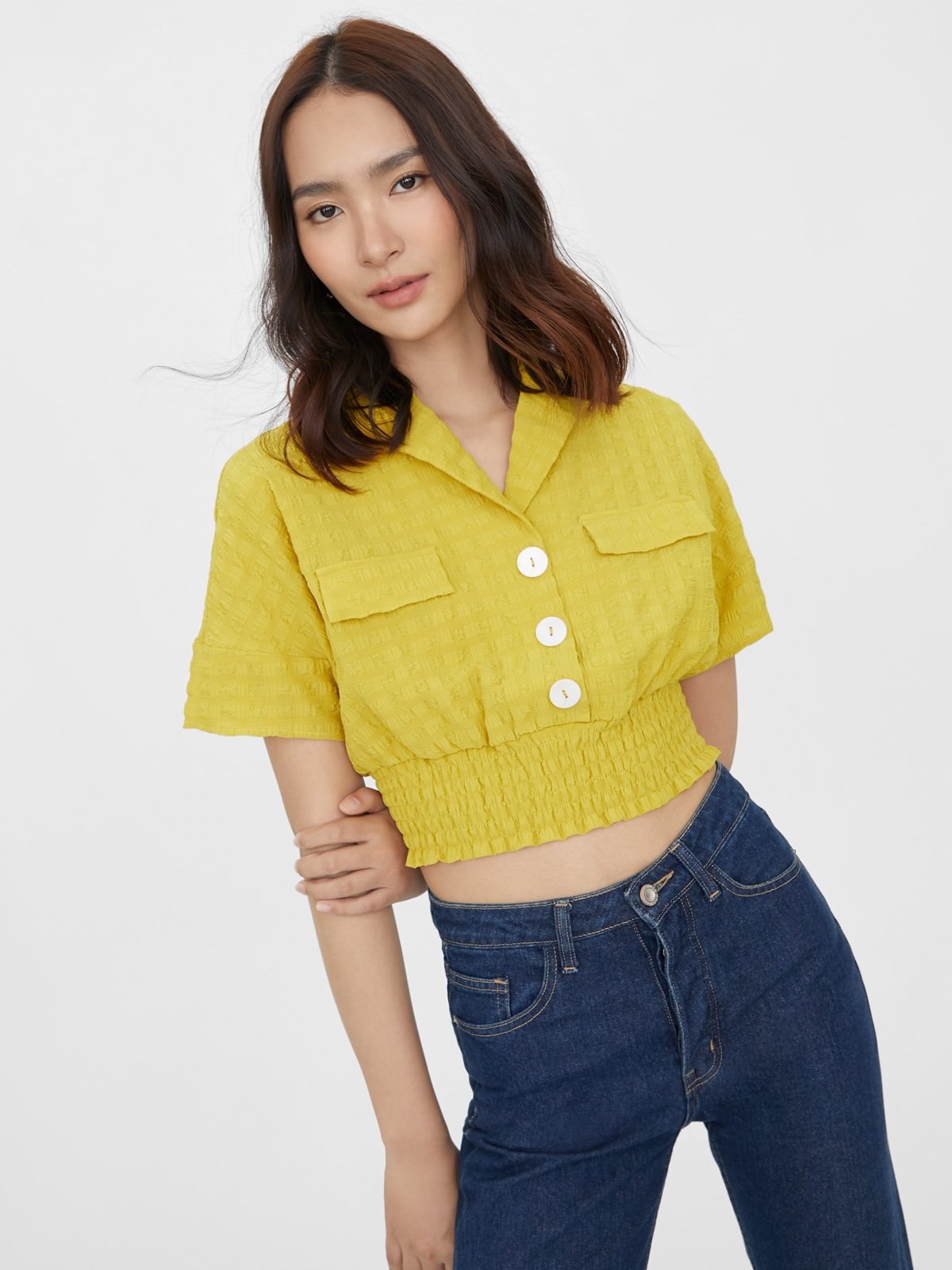 Cinched Crop Top Shirt Yellow Pomelo Fashion
