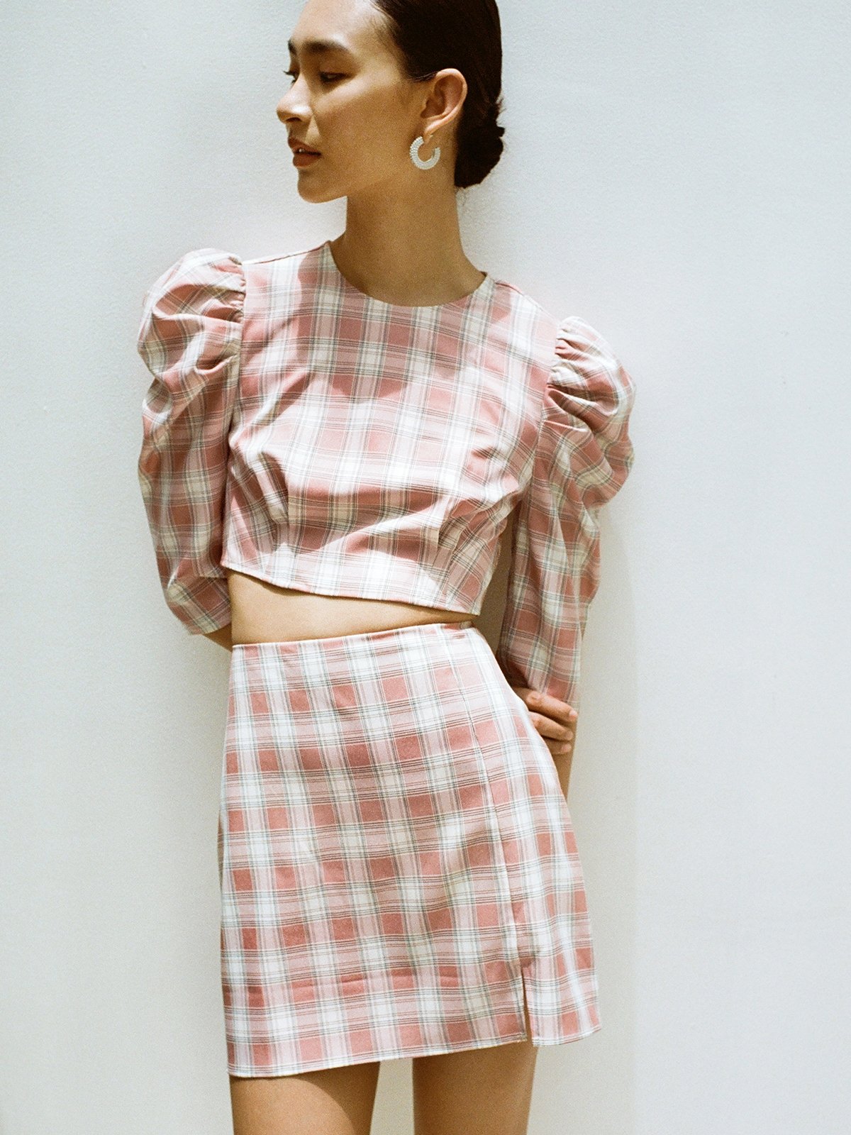Crop top and high store waisted skirt set plaid