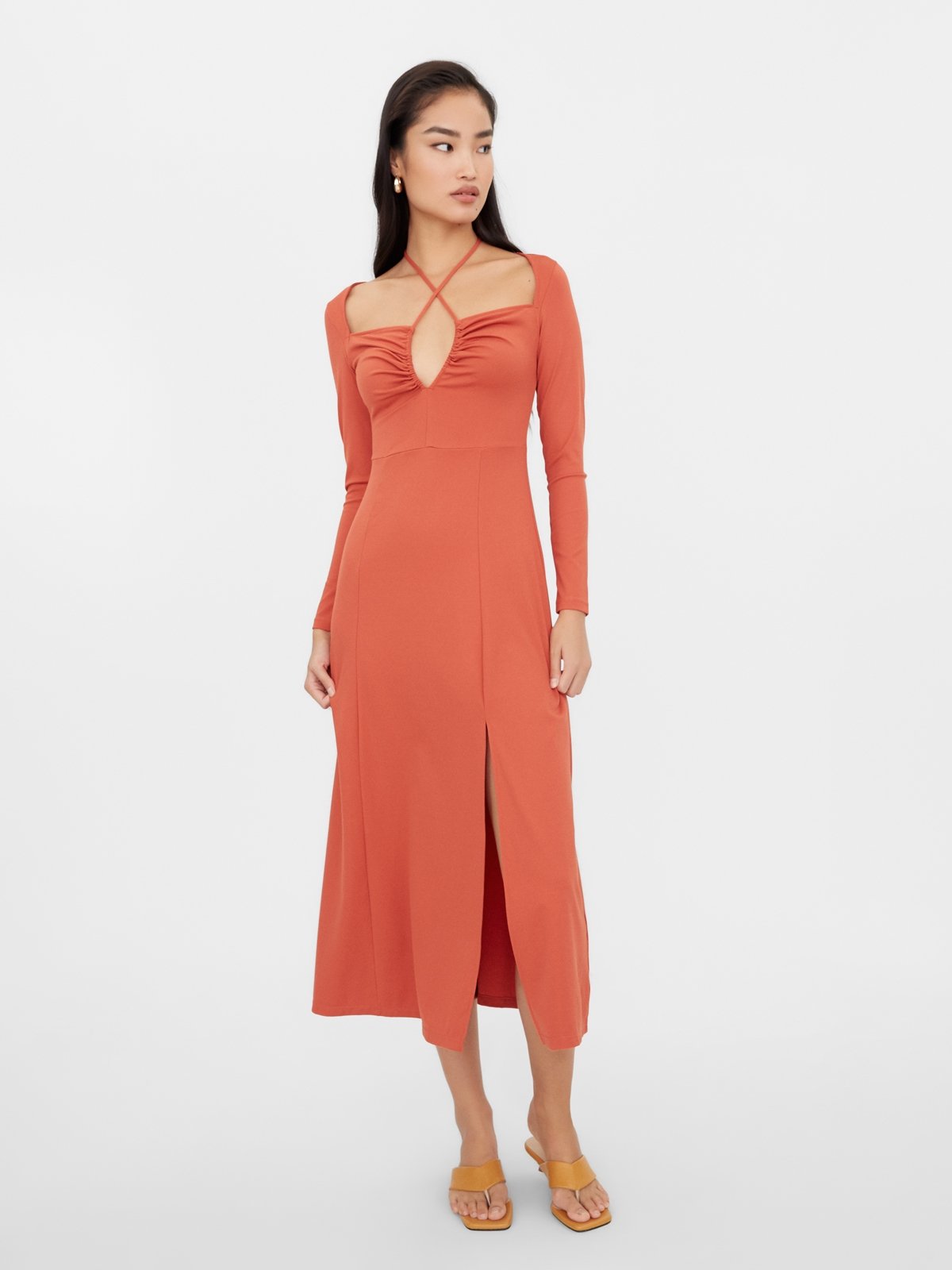 Long Sleeve Tie Neck Dress Orange Pomelo Fashion