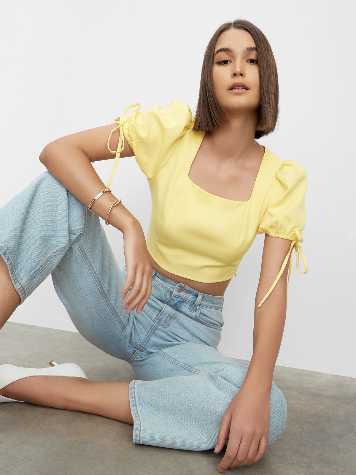Puff Tied Sleeve Crop Blouse Yellow Pomelo Fashion