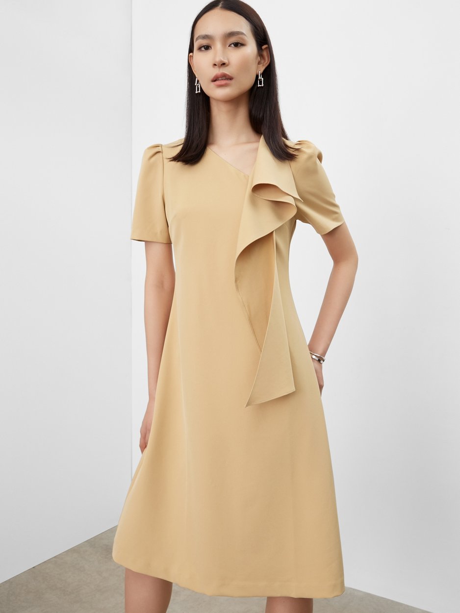 Side Drape Accent Flare Dress - Beige - Pomelo Fashion Side Drape Accent Flare Dress - Beige - Pomelo Fashion