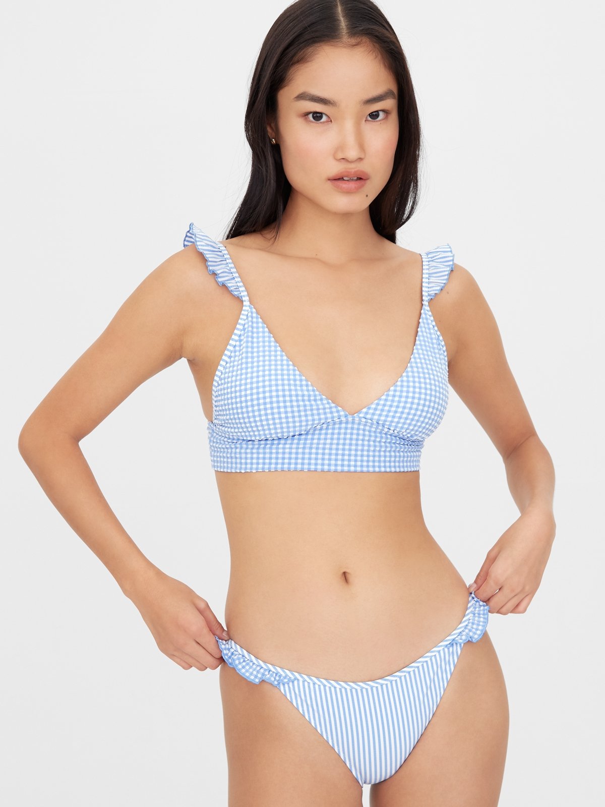 Ruffled Longline Triangle Bikini Top Baby Blue