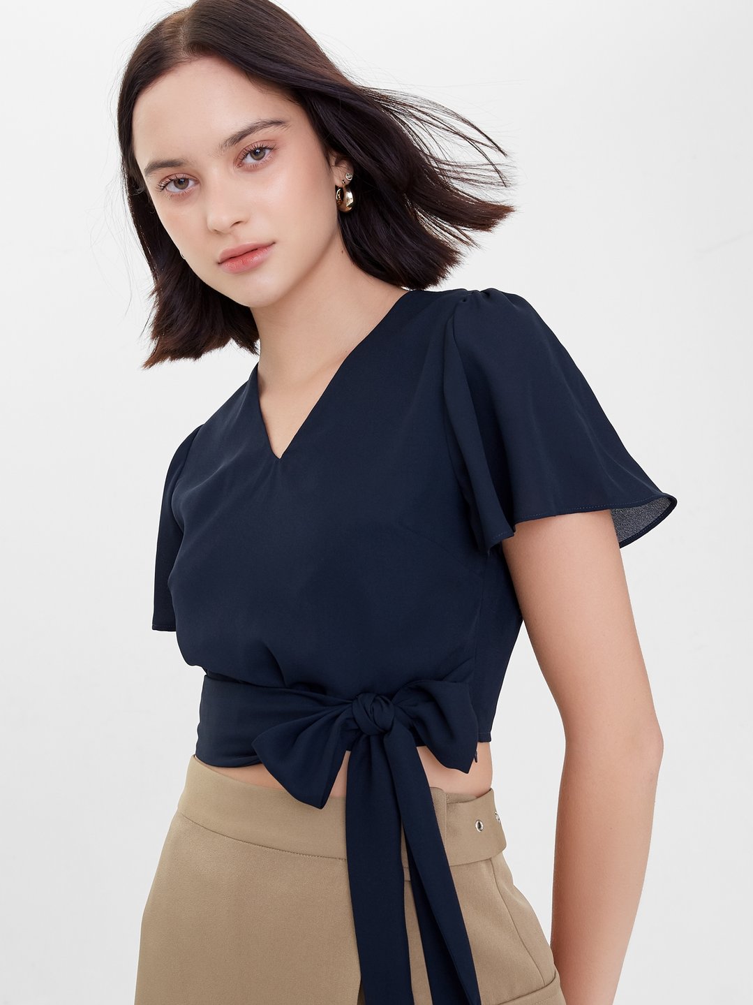Flounce Sleeve Tie Waist Crop Top - Navy - Pomelo Fashion