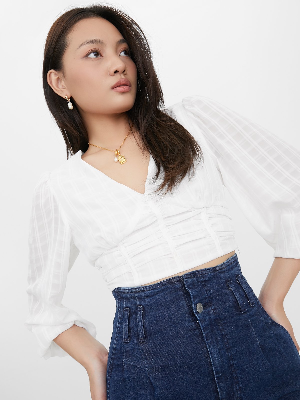 White ruched discount puff sleeve top