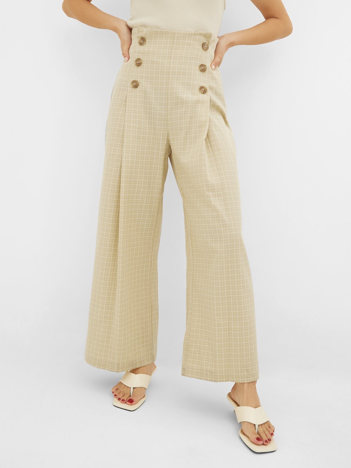 Plaid Print Wide Leg Pants Beige Pomelo Fashion