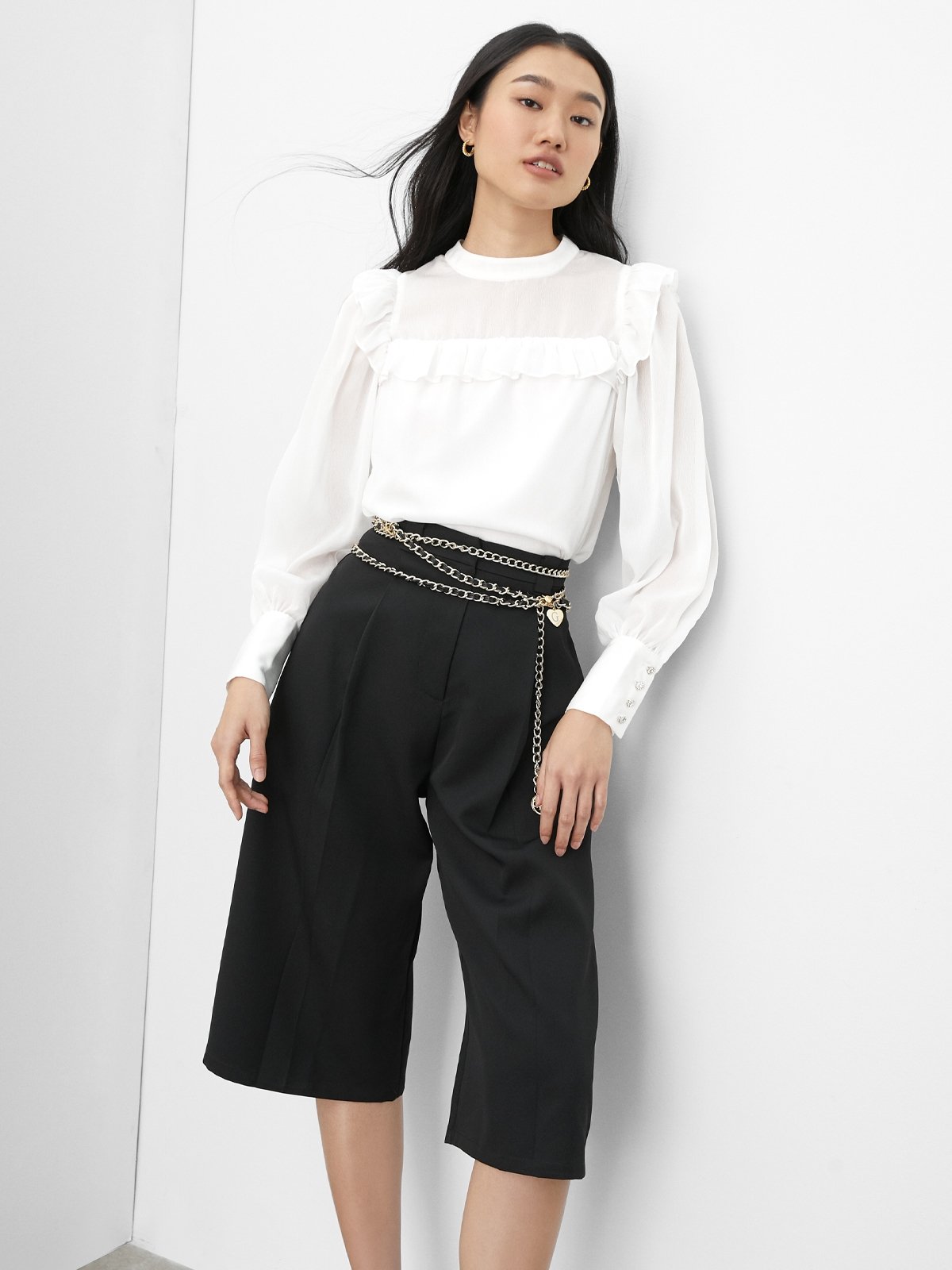 Puffed Sleeve High Neck Blouse White