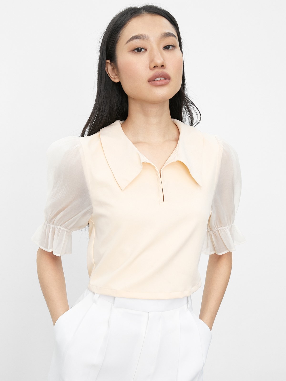 Collared Puff Sleeve Blouse - Cream - Pomelo Fashion
