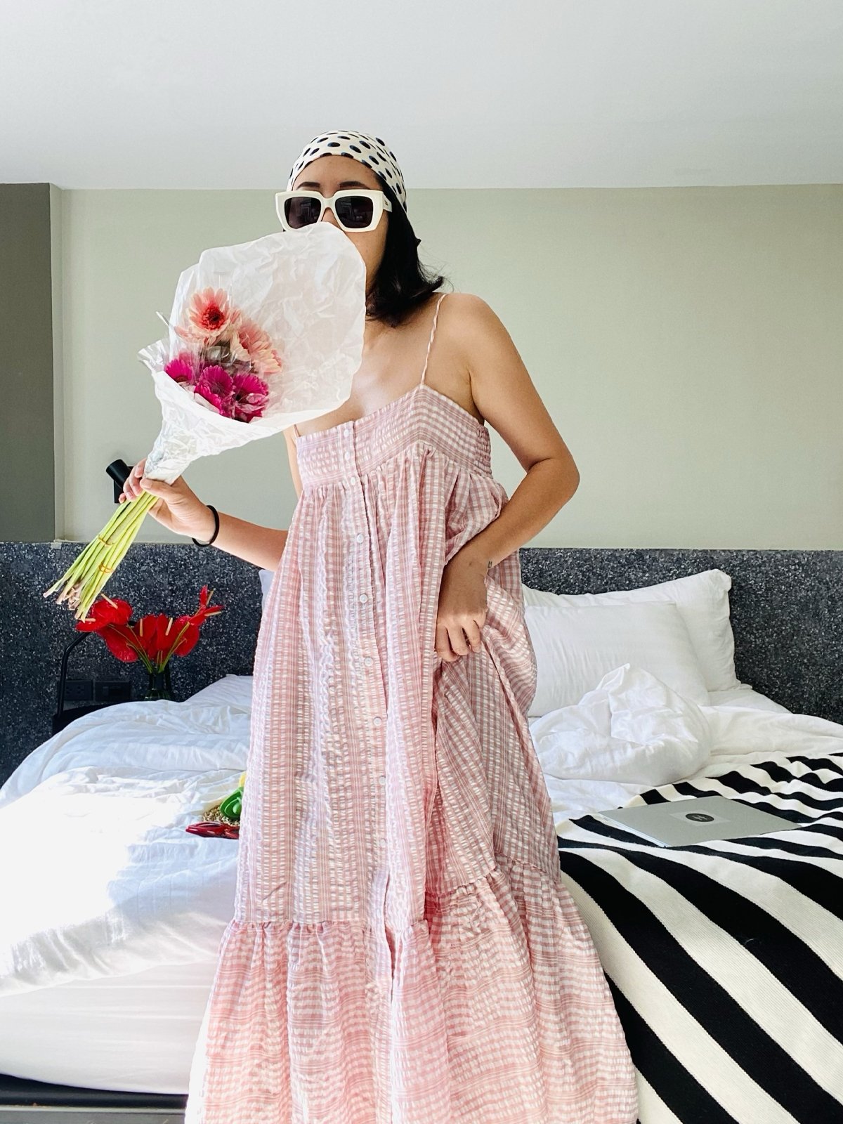Pink gingham maxi shop dress