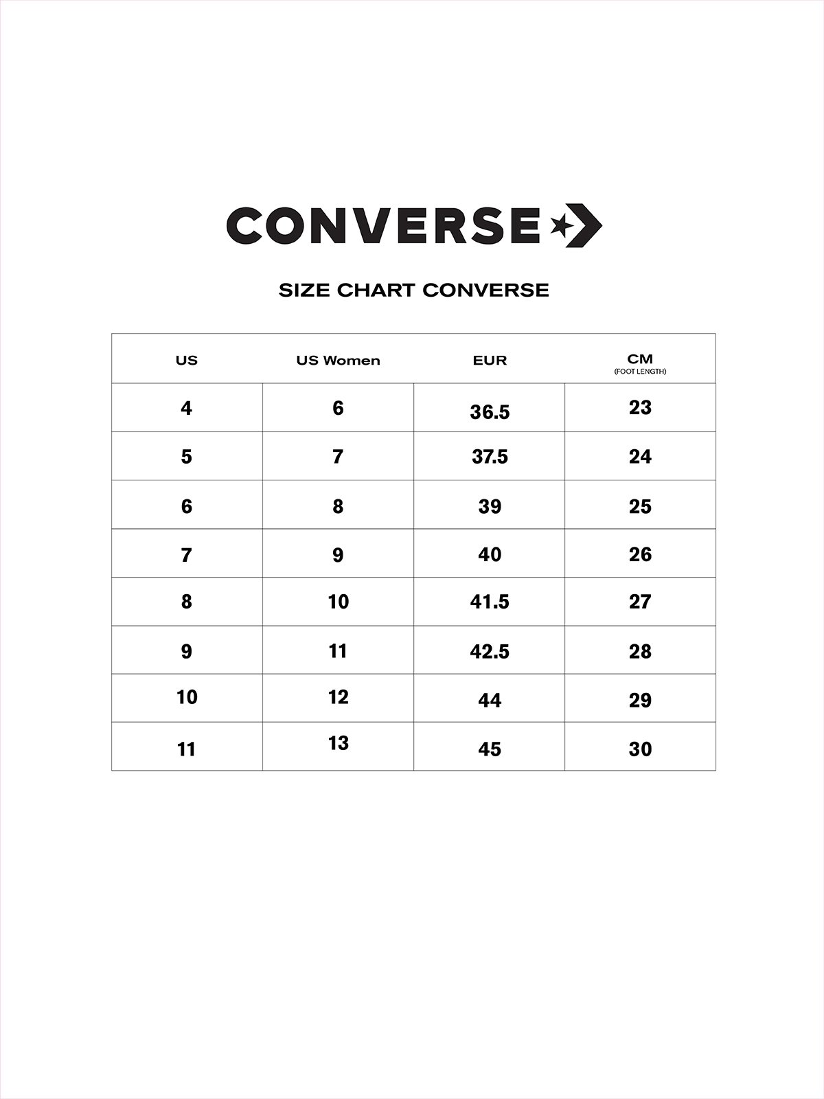 Chuck 70 cheap size chart