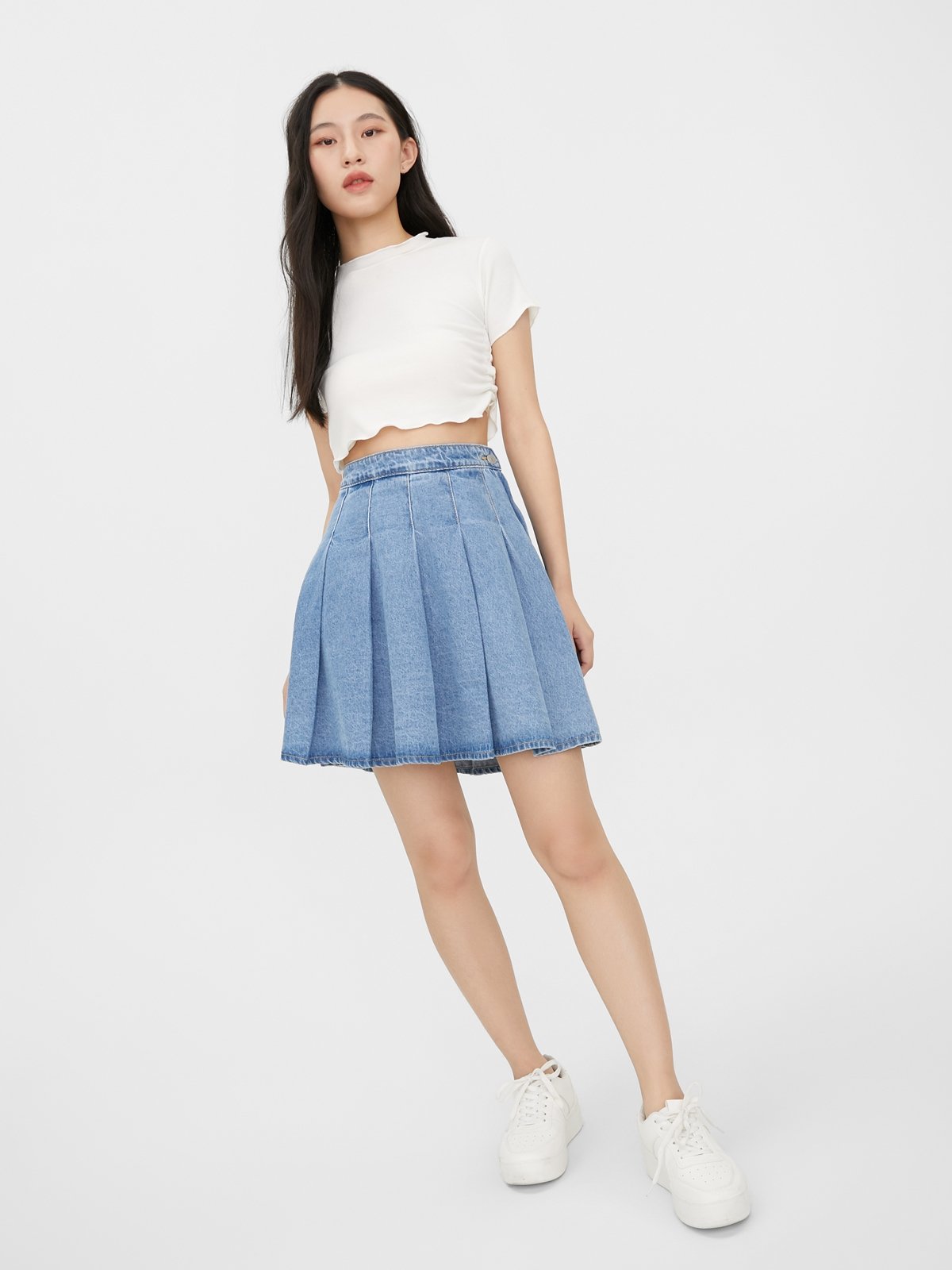 Pleated Denim Mini Skirt Light Blue Pomelo Fashion