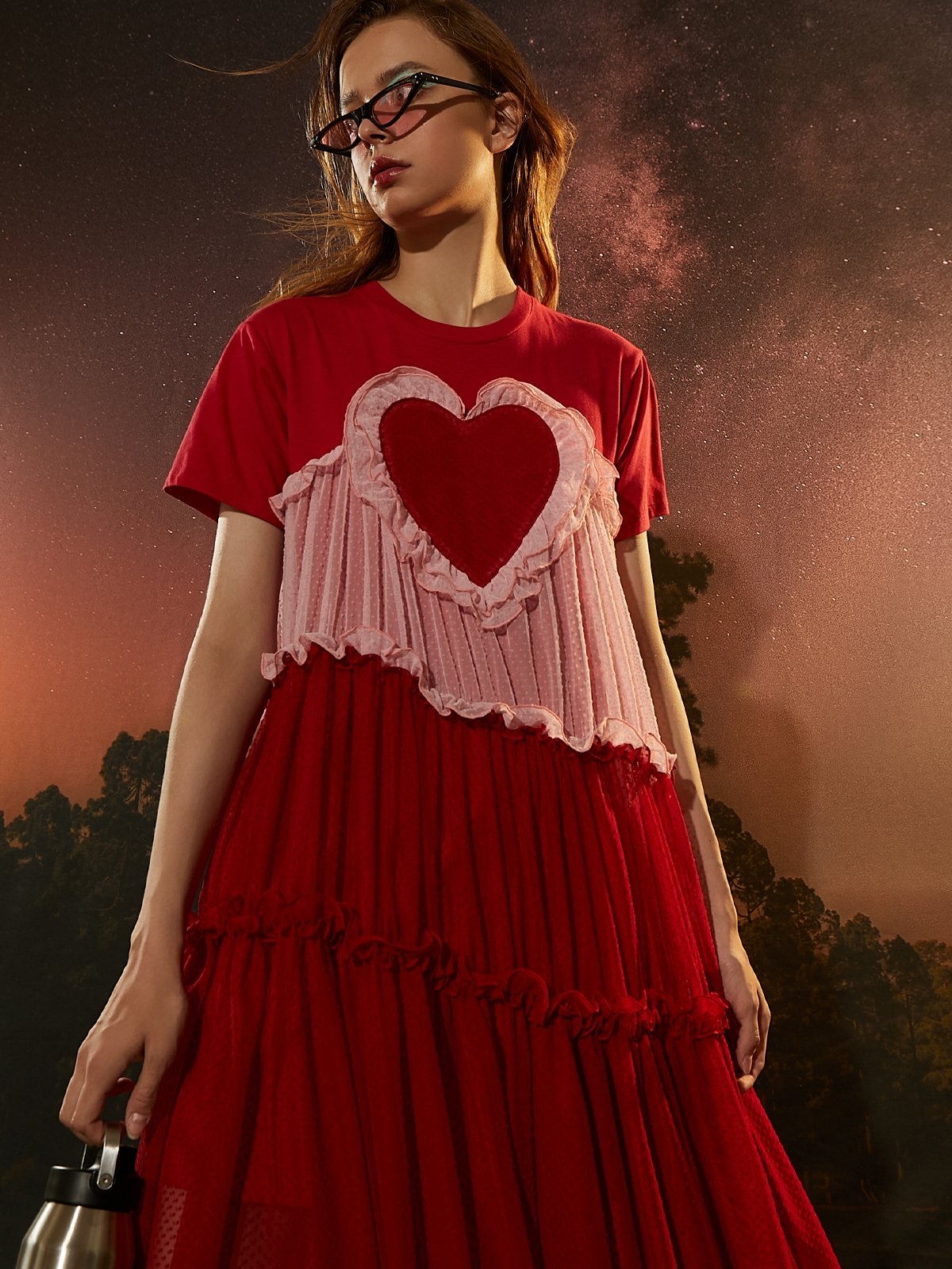 Dotted Mesh Dress Red Pomelo Fashion