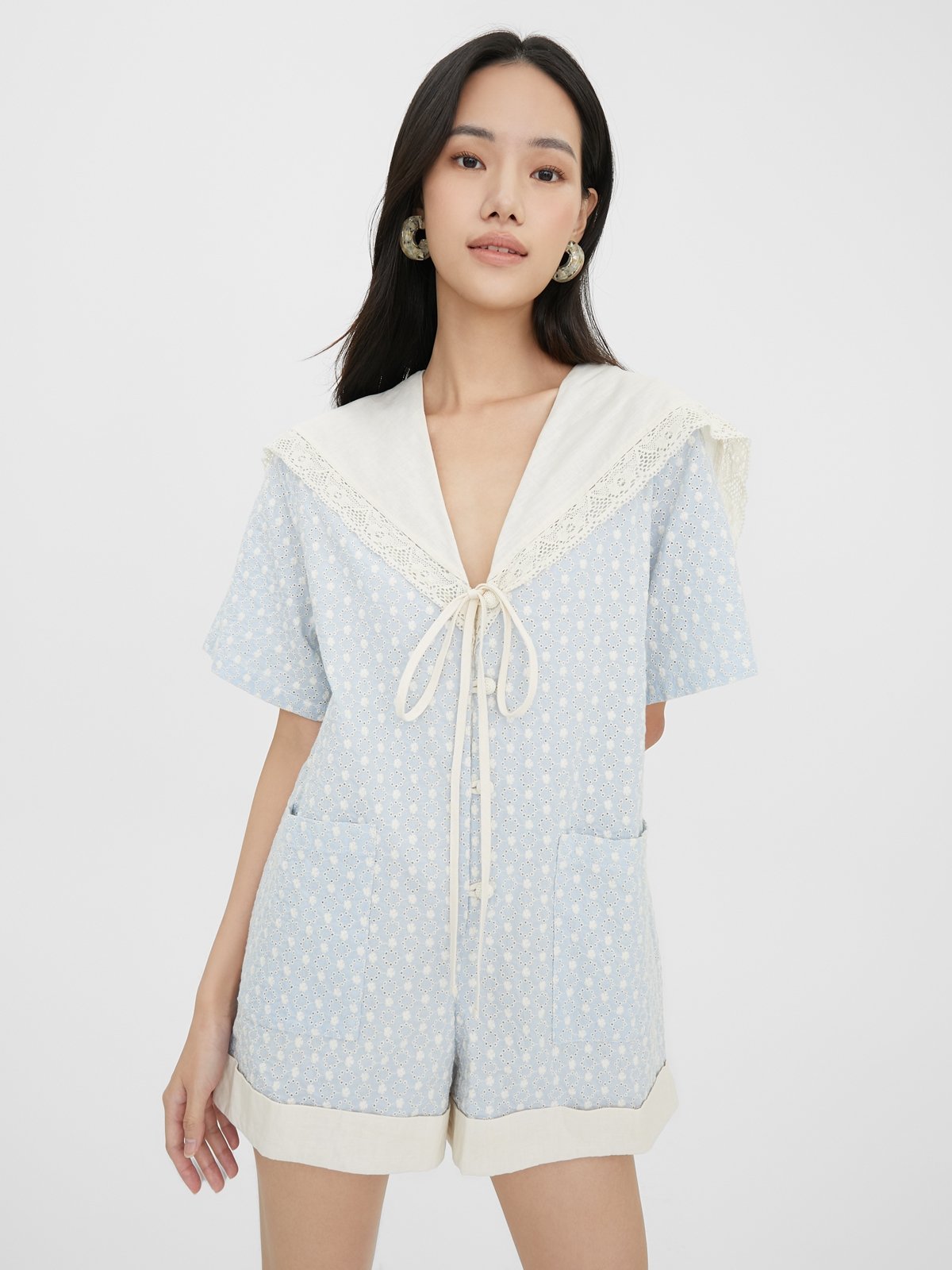 Janesuda x Pomelo Sustainable Eyelet Romper Blue Pomelo Fashion